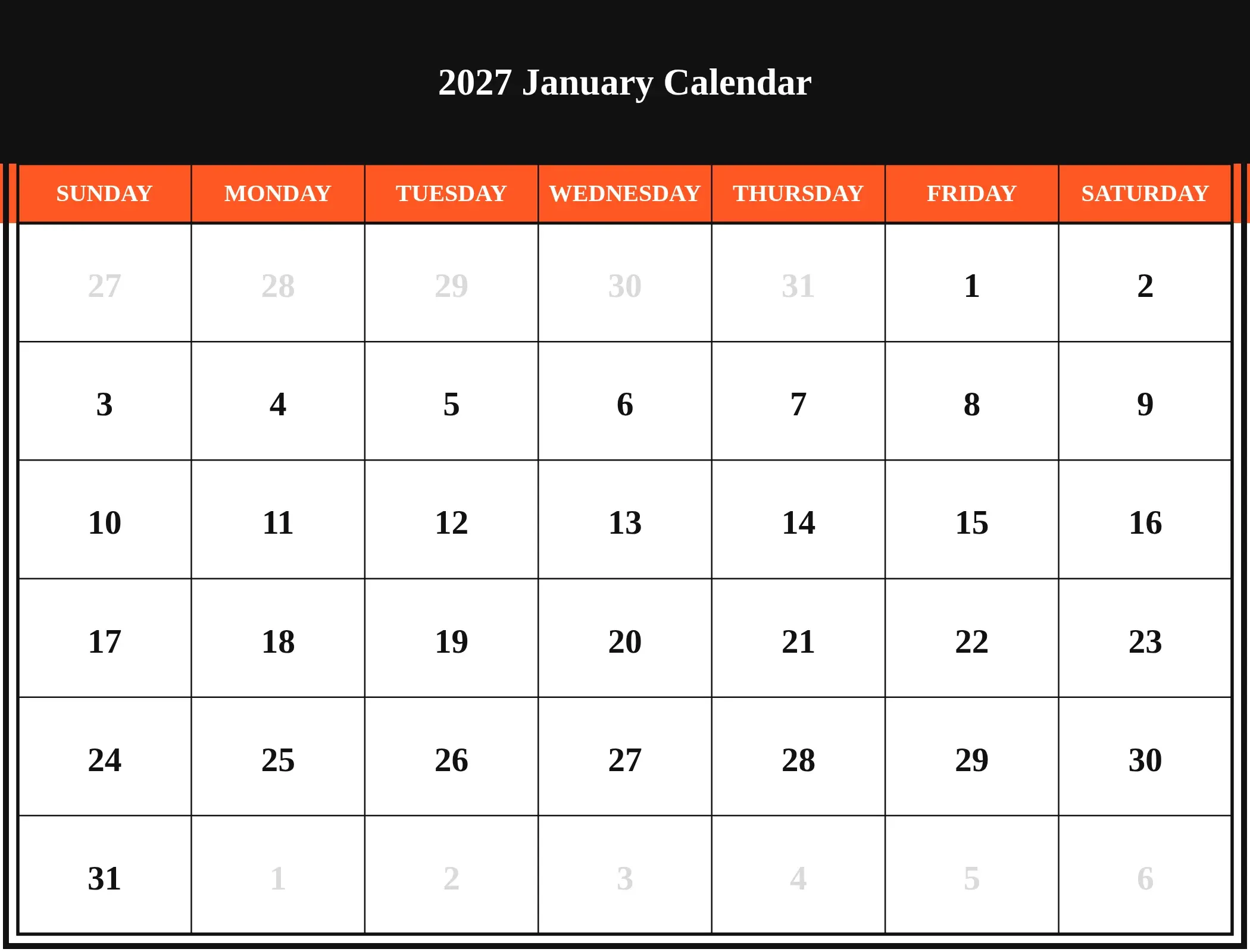 2027 January Calendar Download Landscape
