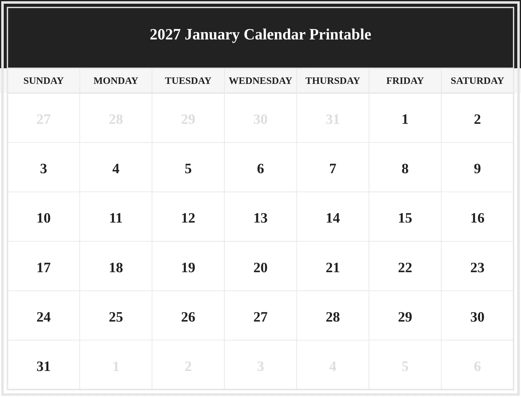 2027 January Calendar Printable Download Landscape 2027 January Calendar Printable Download Landscape