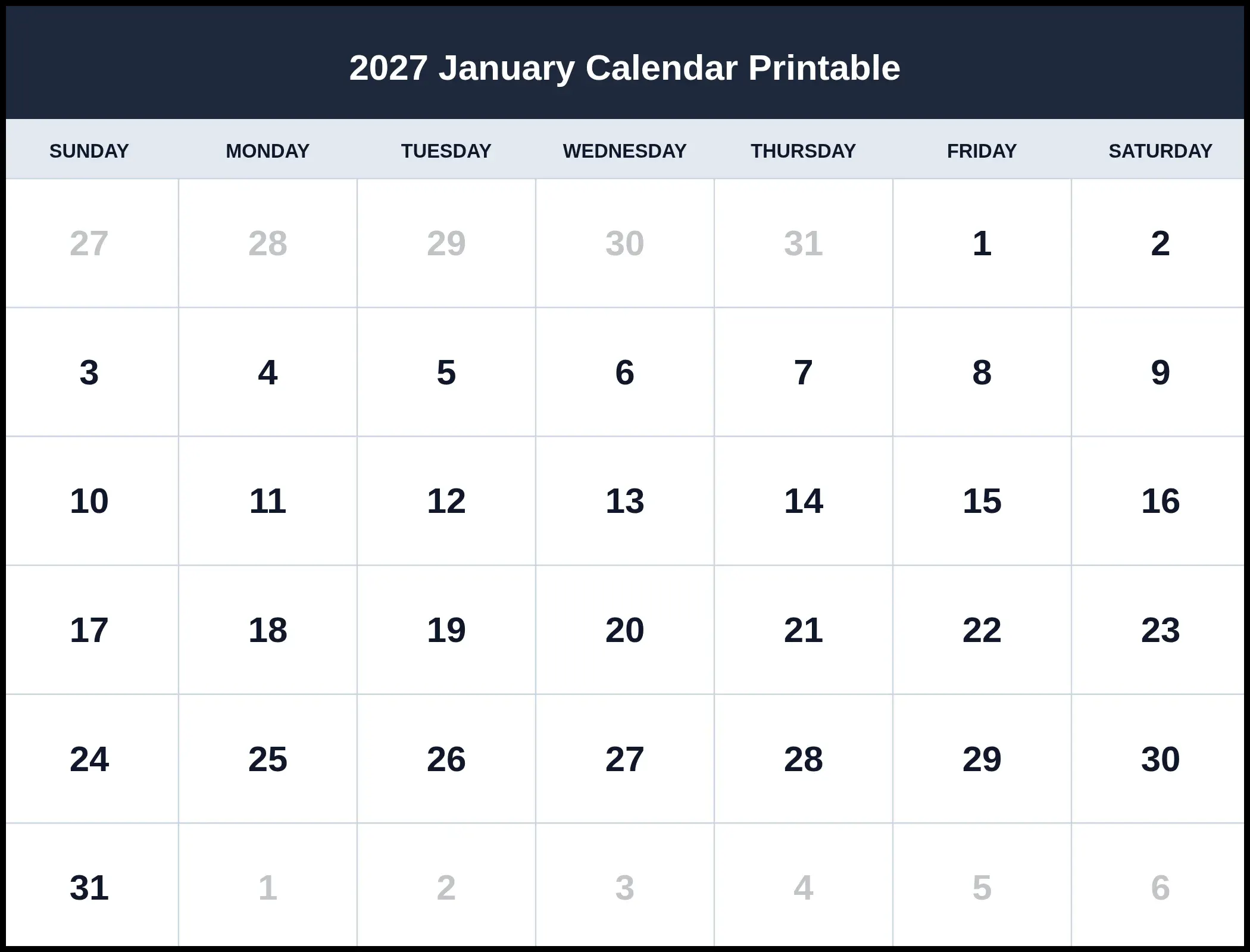 2027 January Calendar Printable Pdf 2027 January Calendar Printable Pdf