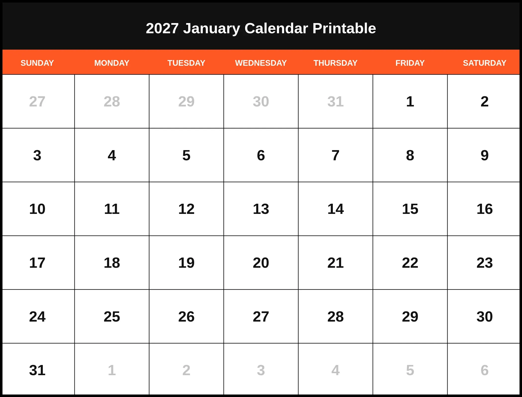 2027 January Calendar Printable 2027 January Calendar Printable