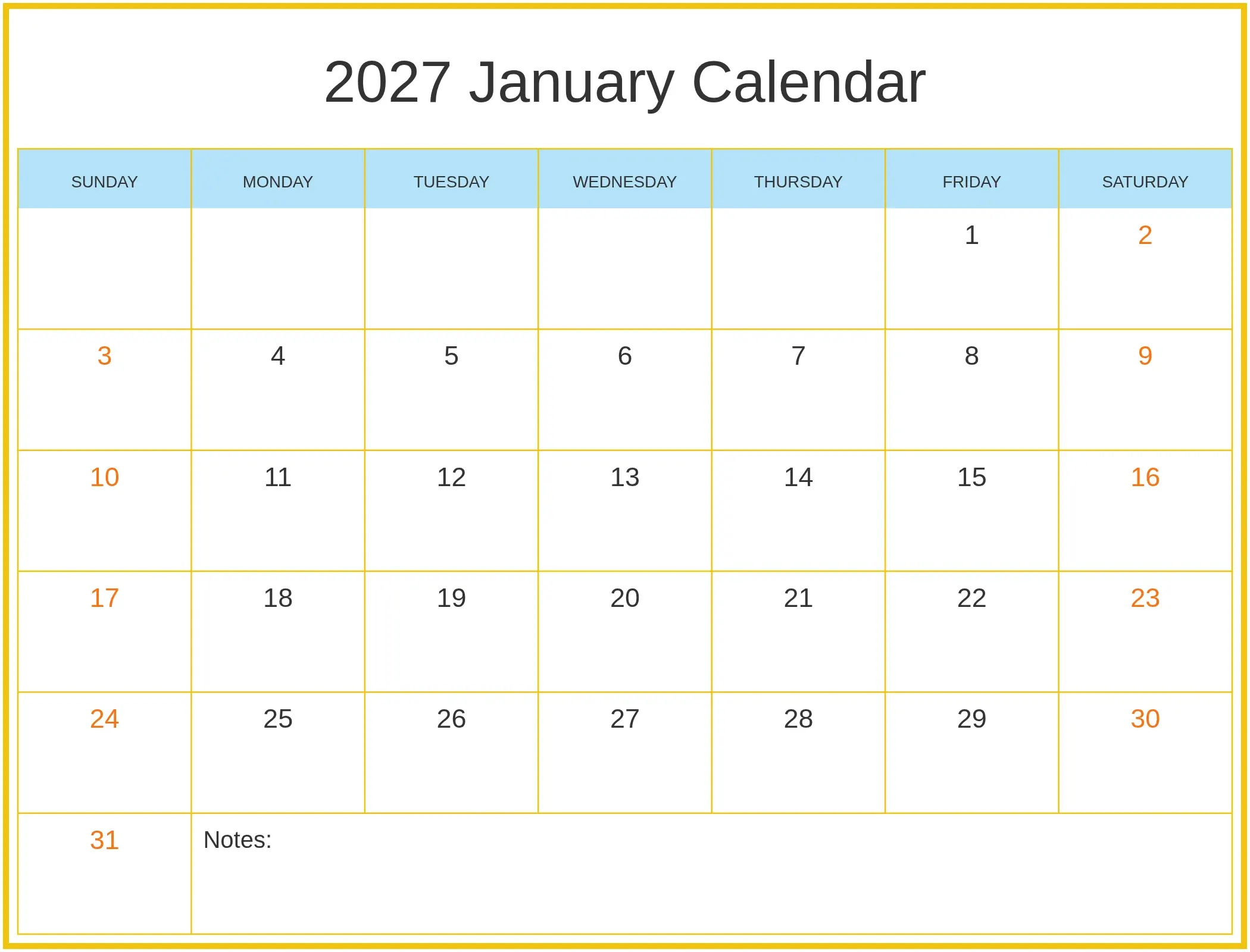2027 January Calendar with Notes Bottom Landscape 2027 January Calendar with Notes Bottom Landscape