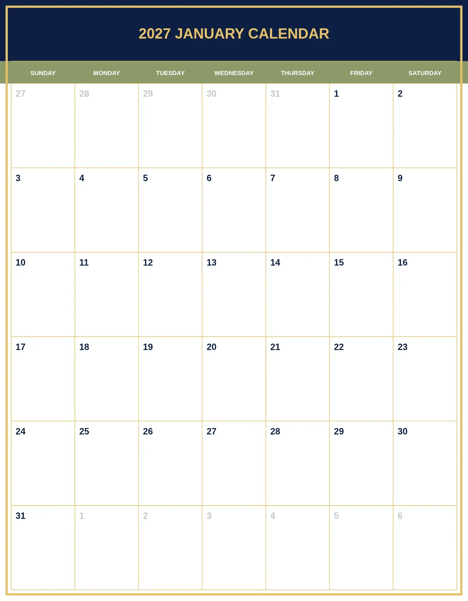 2027 January Calendar With Portrait Template