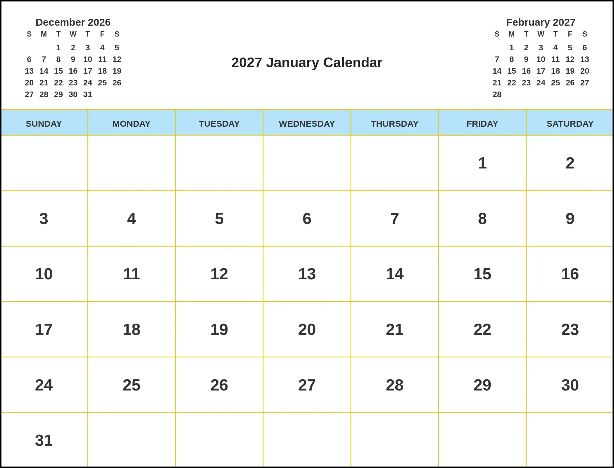2027 January Calendar With Three Month View