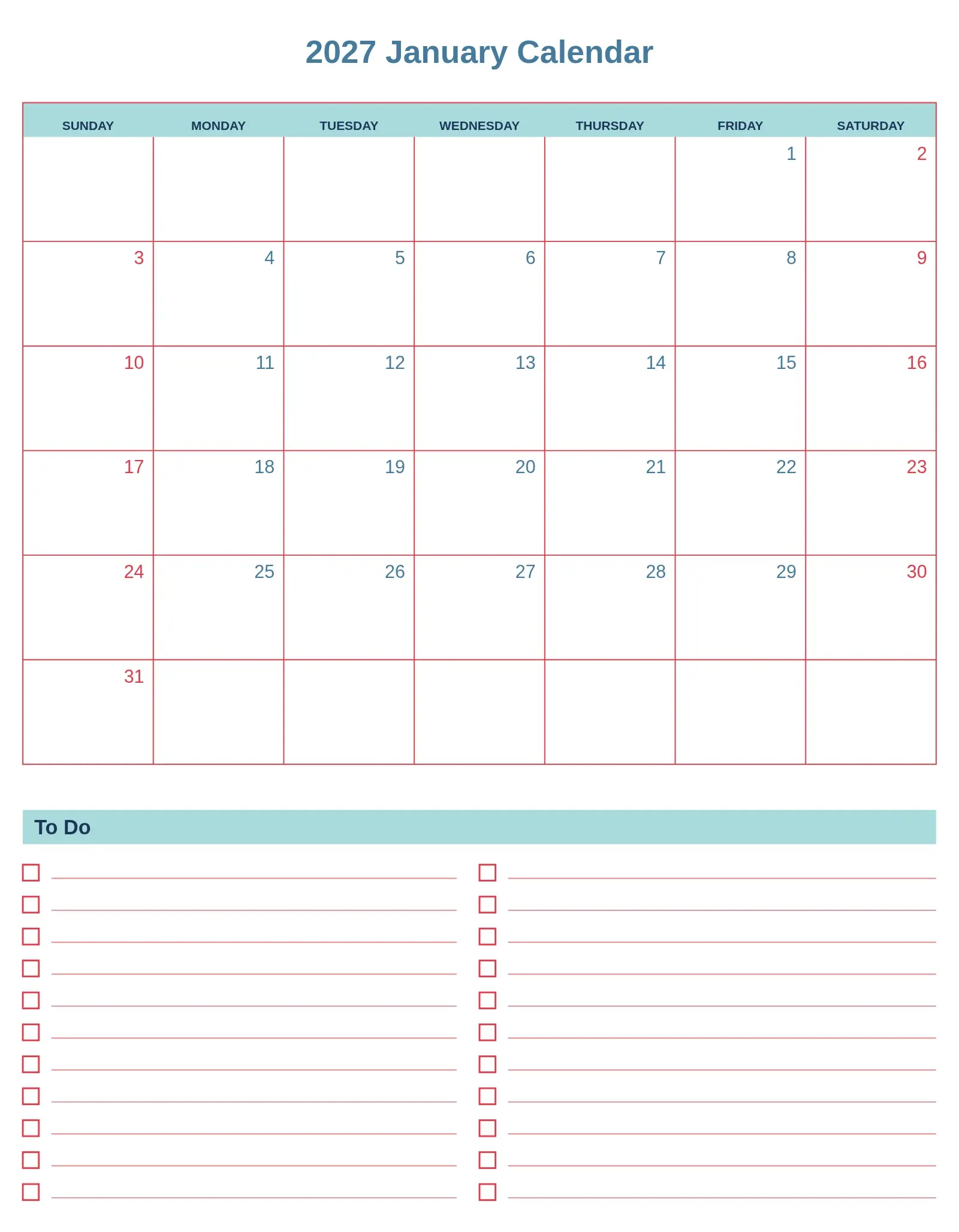 2027 January Calendar With To Do List Bottom Portrait 2027 January Calendar With To Do List Bottom Portrait