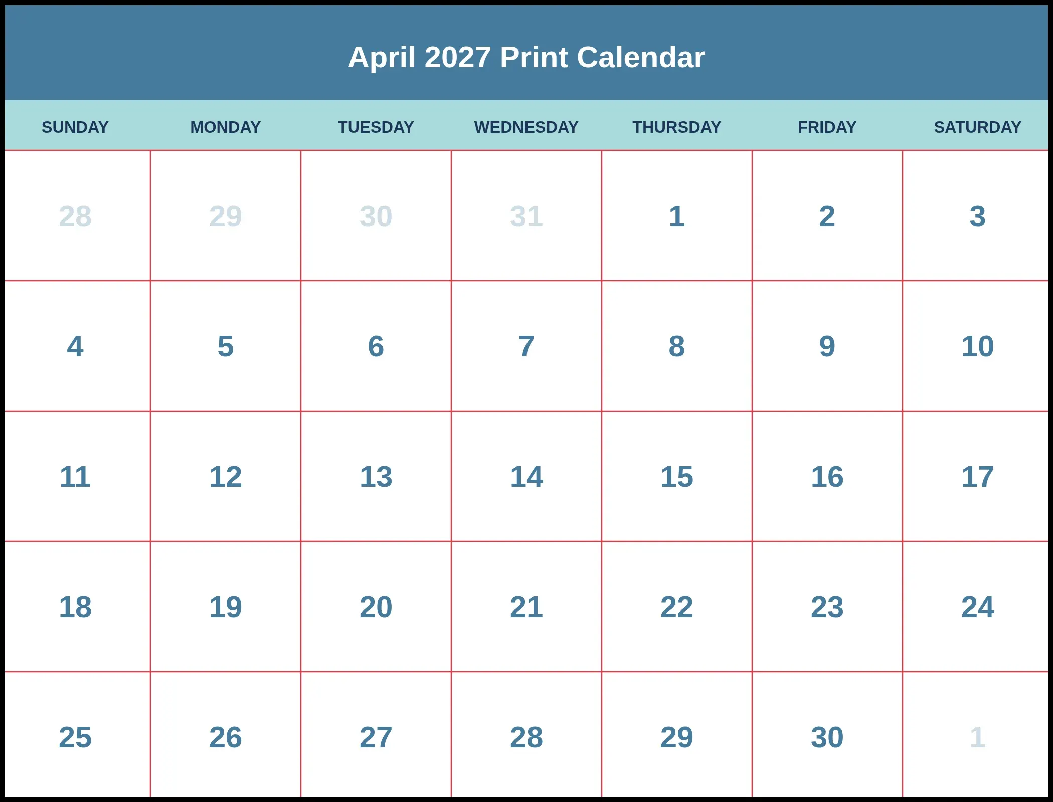 April 2027 Print Calendar Pdf April 2027 Print Calendar Pdf
