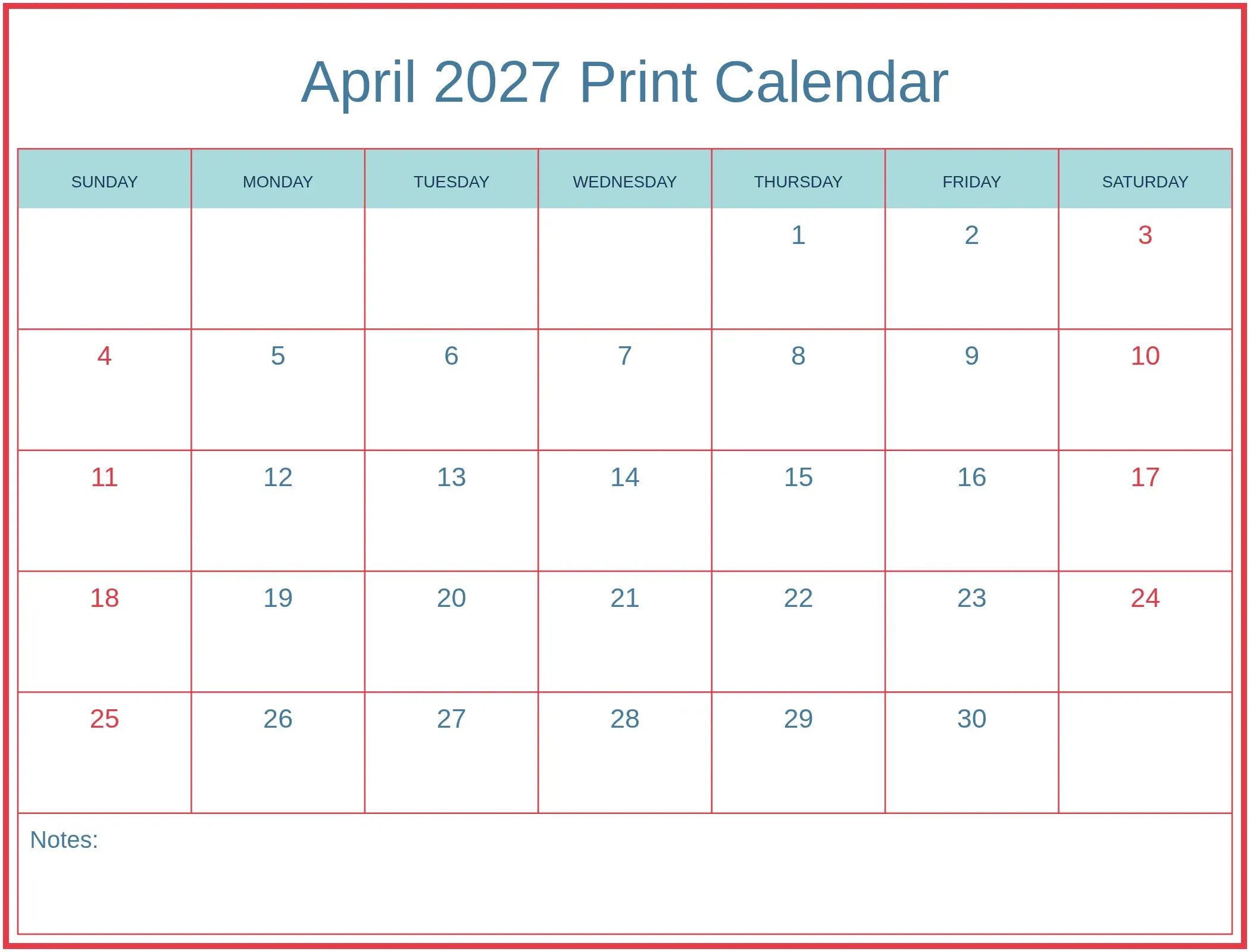 April 2027 Print Calendar with Notes Bottom Landscape April 2027 Print Calendar with Notes Bottom Landscape