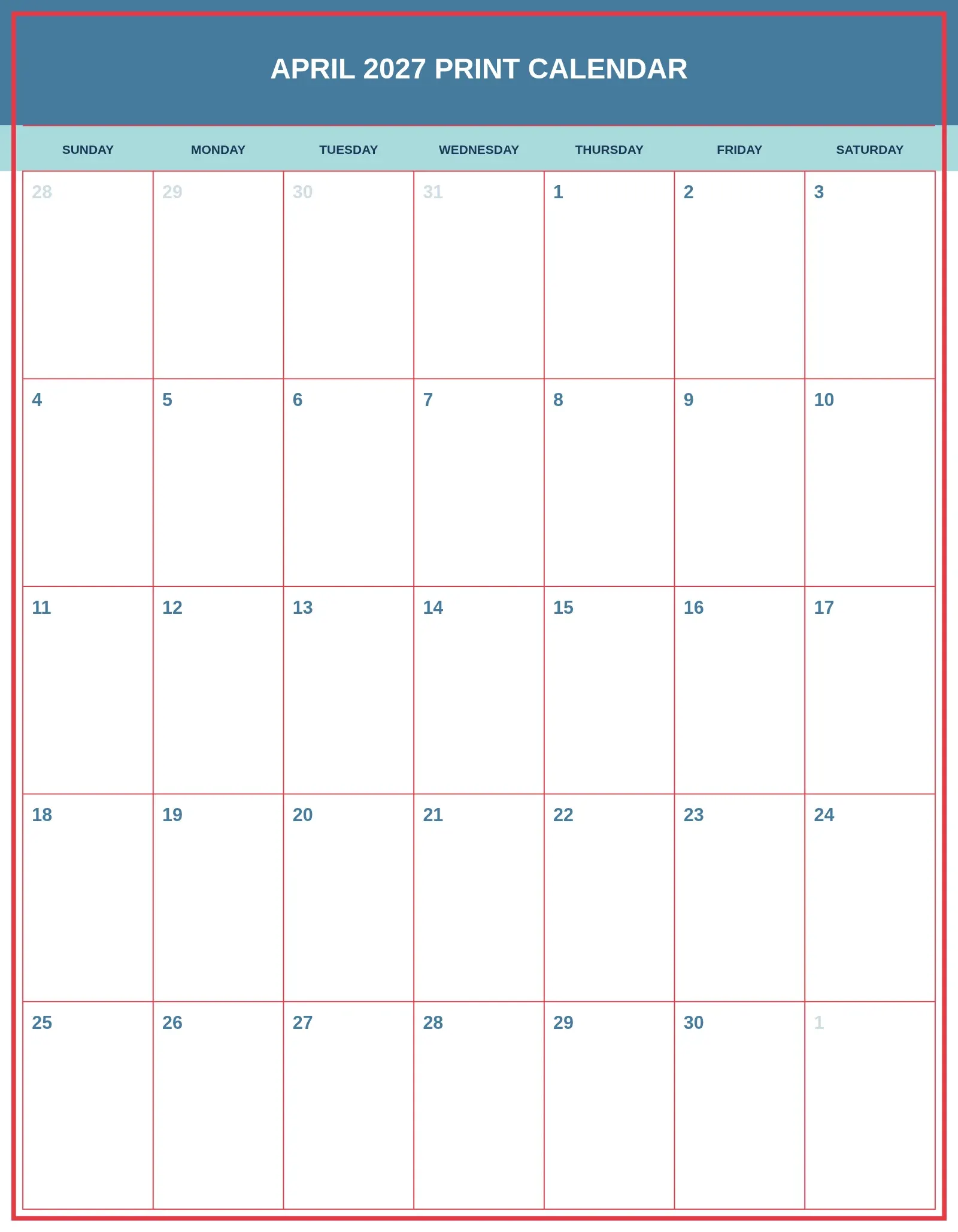 April 2027 Print Calendar With Portrait Template April 2027 Print Calendar With Portrait Template