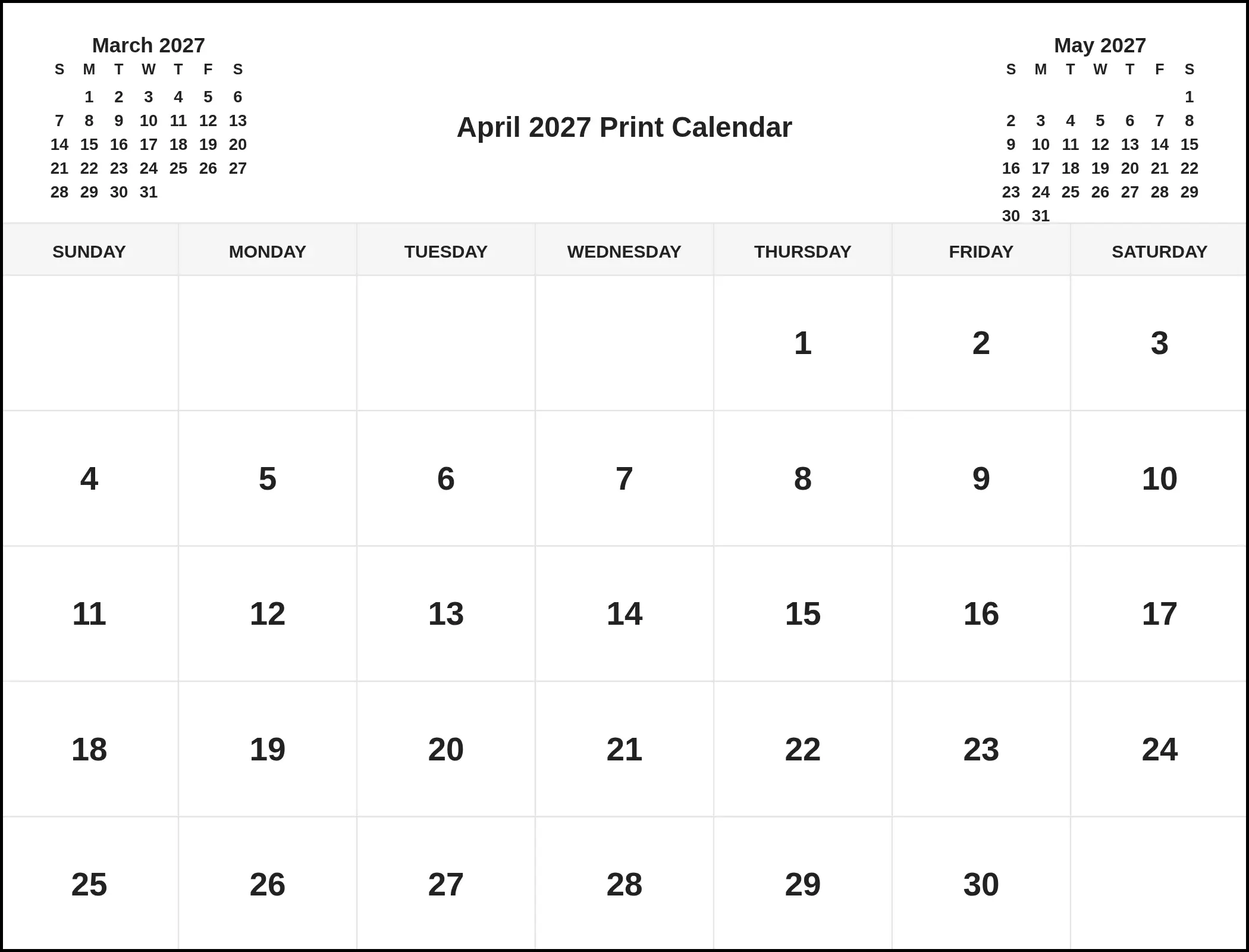 April 2027 Print Calendar With Three Month View April 2027 Print Calendar With Three Month View