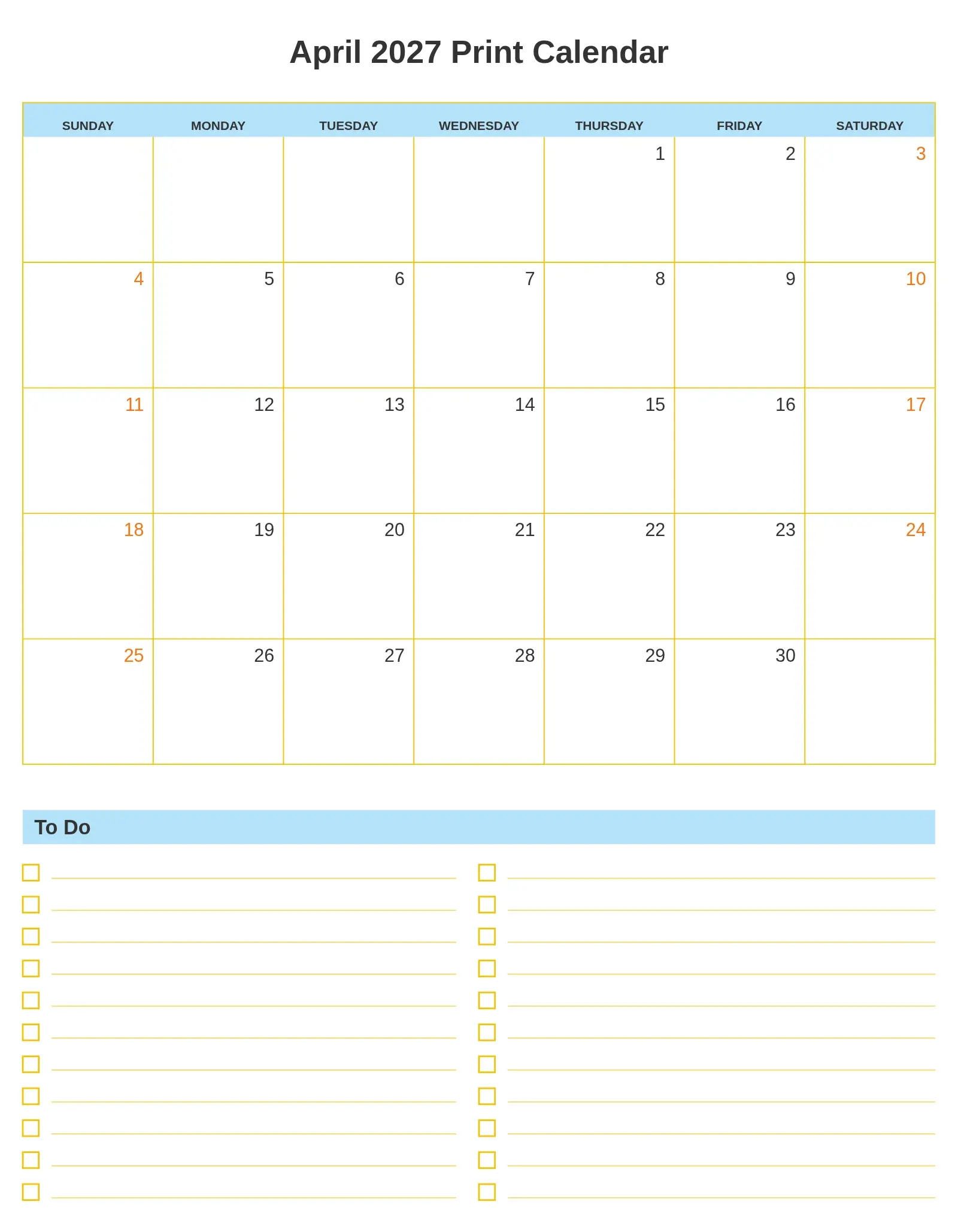 April 2027 Print Calendar With To Do List Bottom Portrait April 2027 Print Calendar With To Do List Bottom Portrait