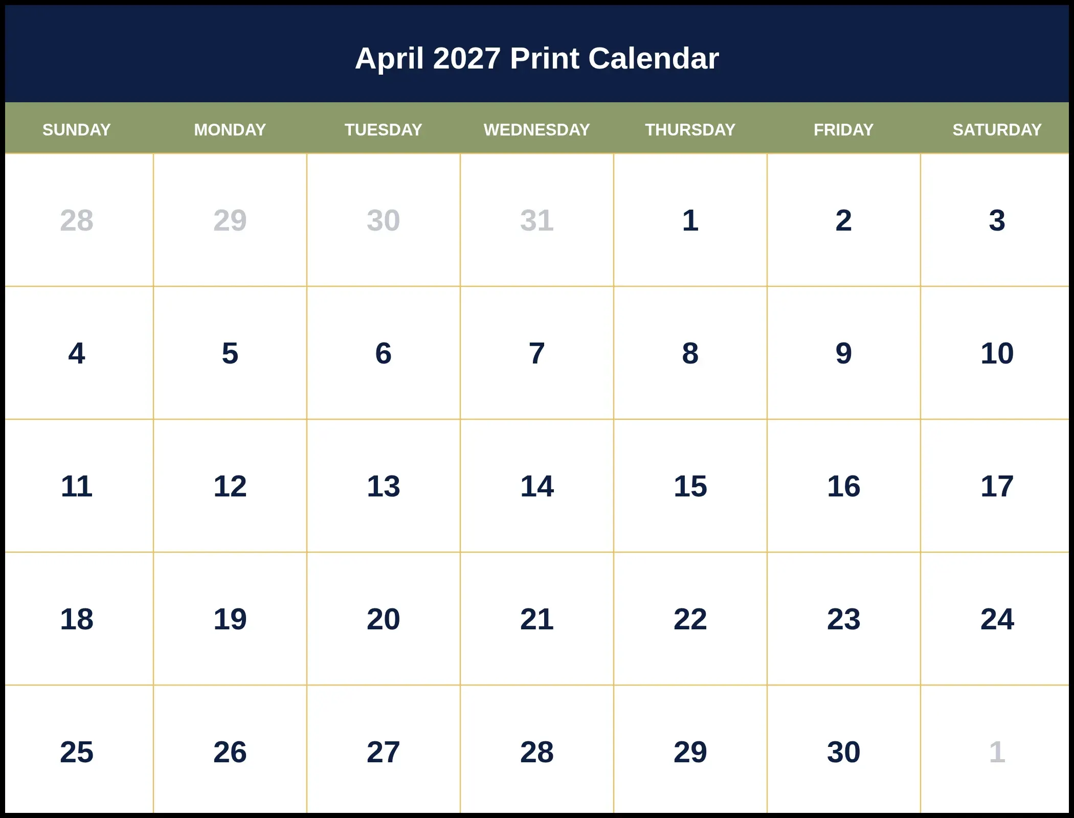 April 2027 Print Calendar April 2027 Print Calendar