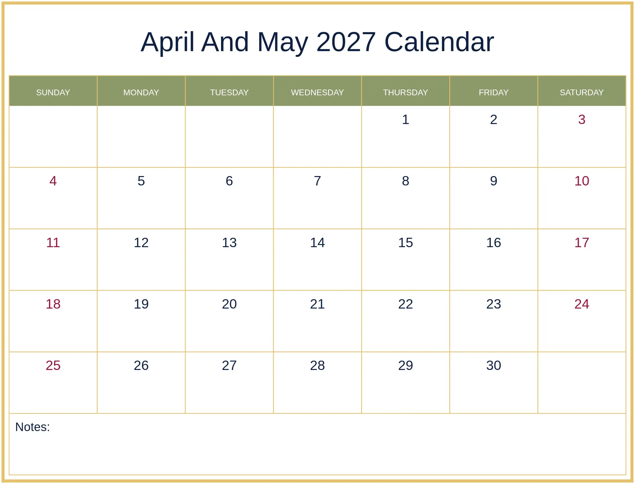 April And May 2027 Calendar with Notes Bottom Landscape
