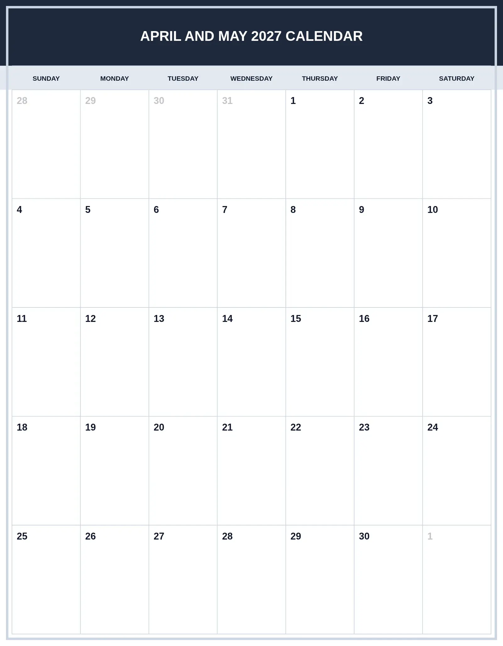 April And May 2027 Calendar With Portrait Template