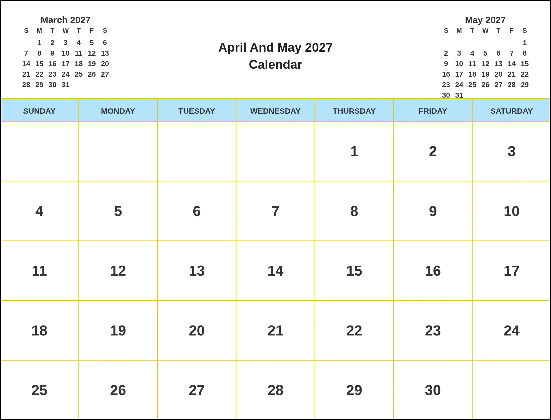 April And May 2027 Calendar With Three Month View