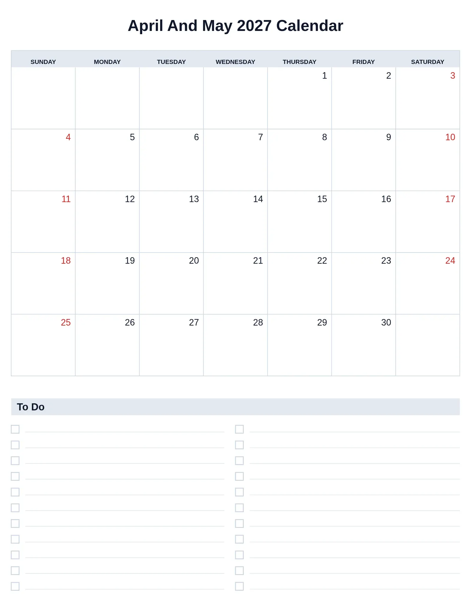 April And May 2027 Calendar With To Do List Bottom Portrait