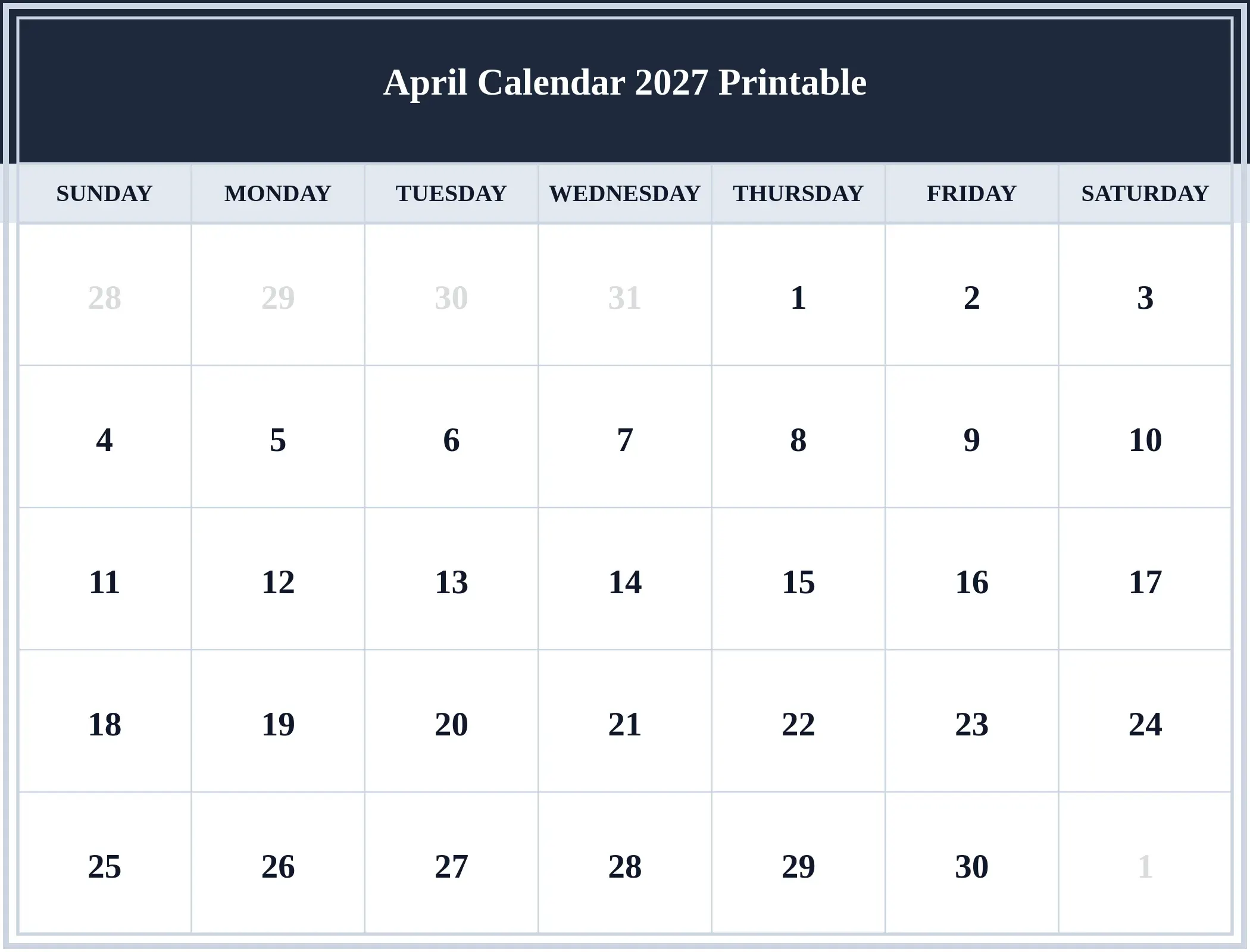 April Calendar 2027 Printable Download Landscape April Calendar 2027 Printable Download Landscape