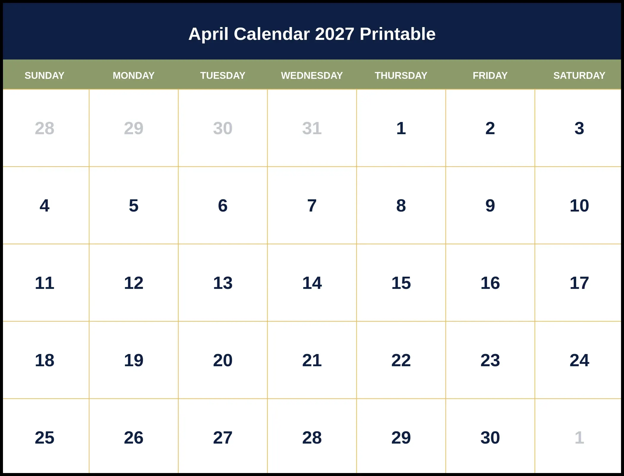 April Calendar 2027 Printable Pdf April Calendar 2027 Printable Pdf