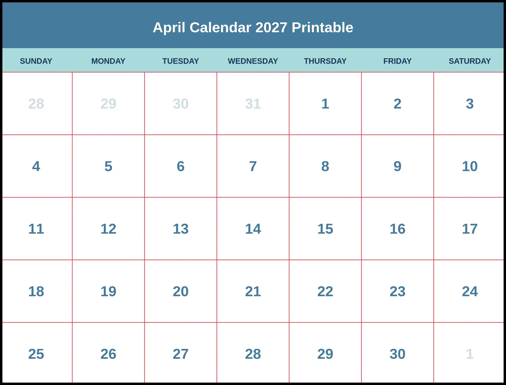 April Calendar 2027 Printable