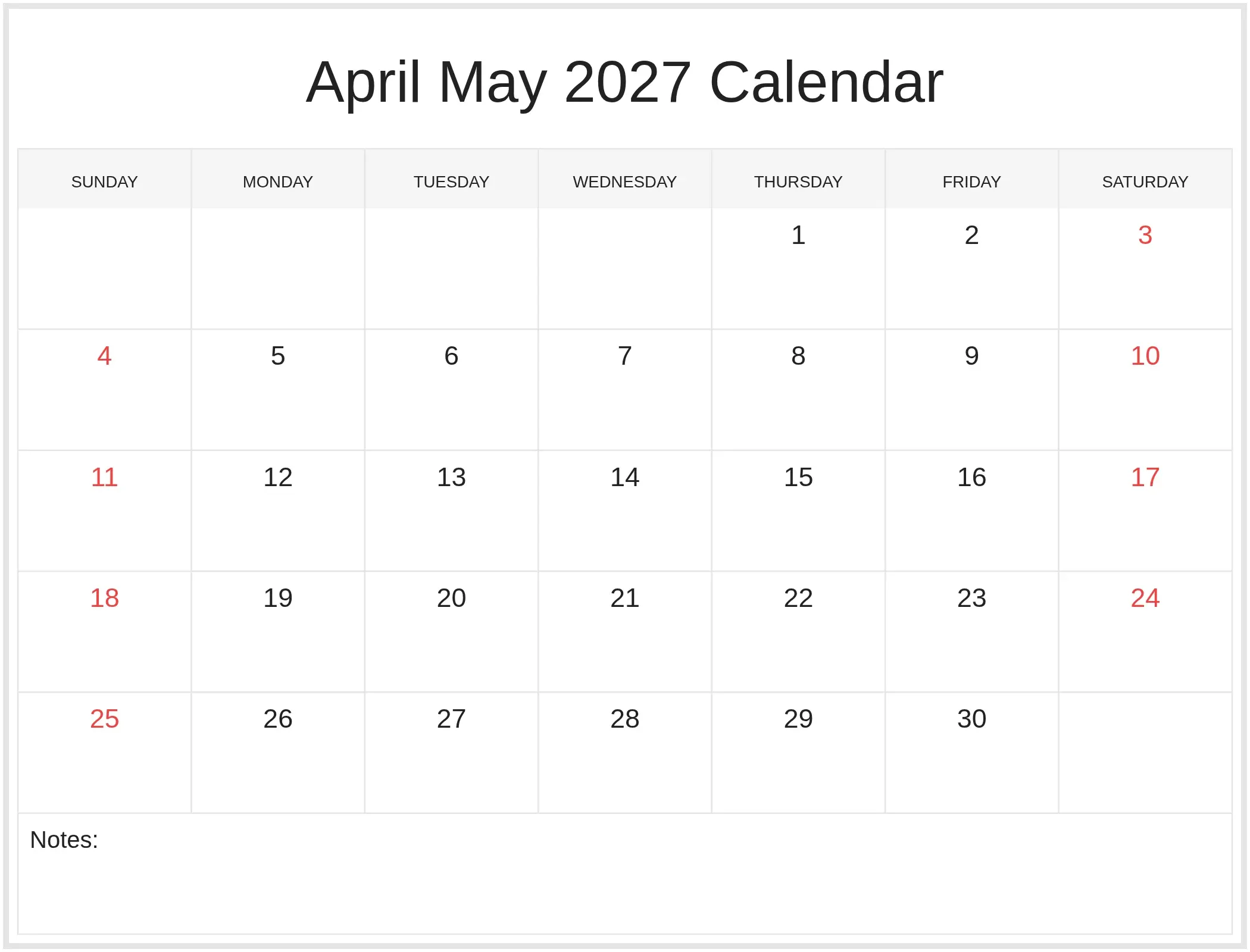 April May 2027 Calendar with Notes Bottom Landscape