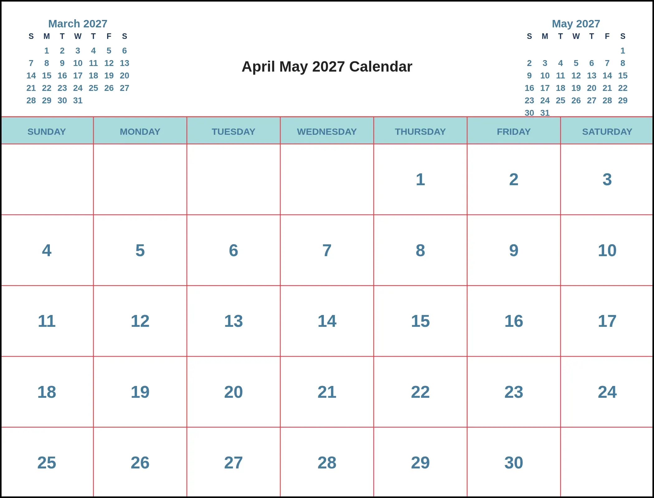 April May 2027 Calendar With Three Month View April May 2027 Calendar With Three Month View