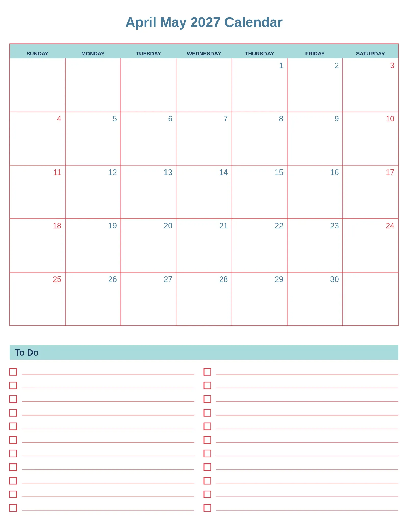 April May 2027 Calendar With To Do List Bottom Portrait