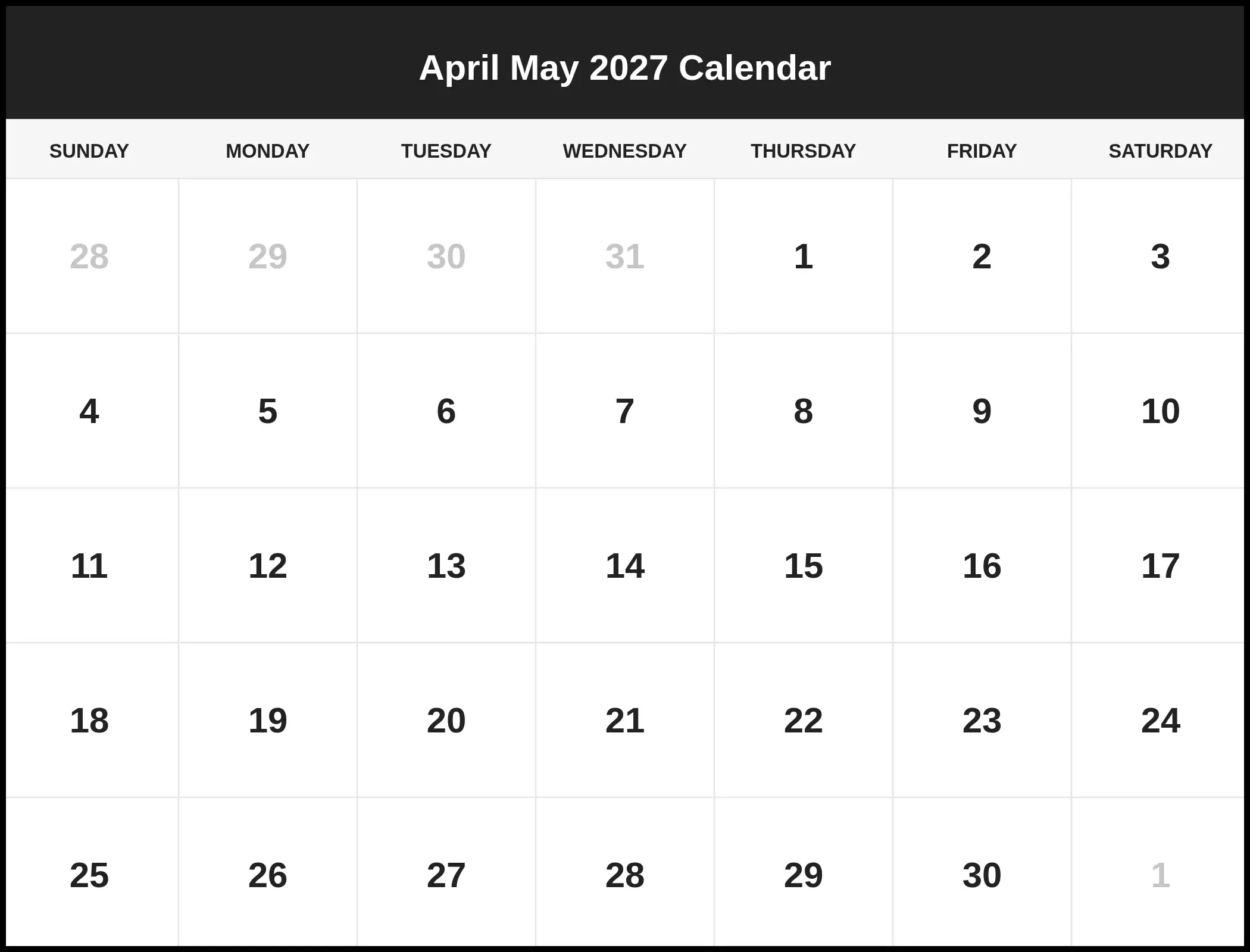 April May 2027 Calendar