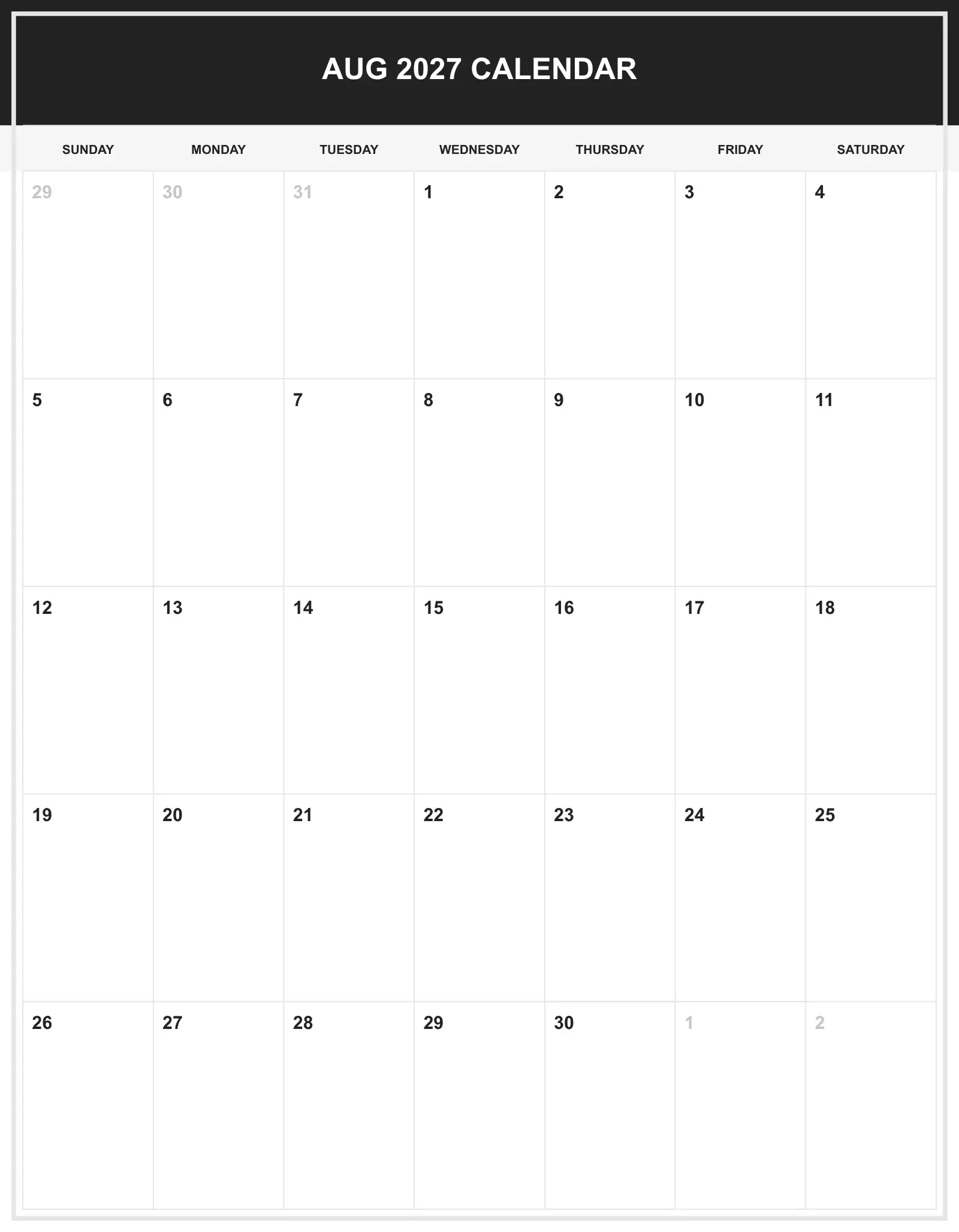 Aug 2027 Calendar With Portrait Template