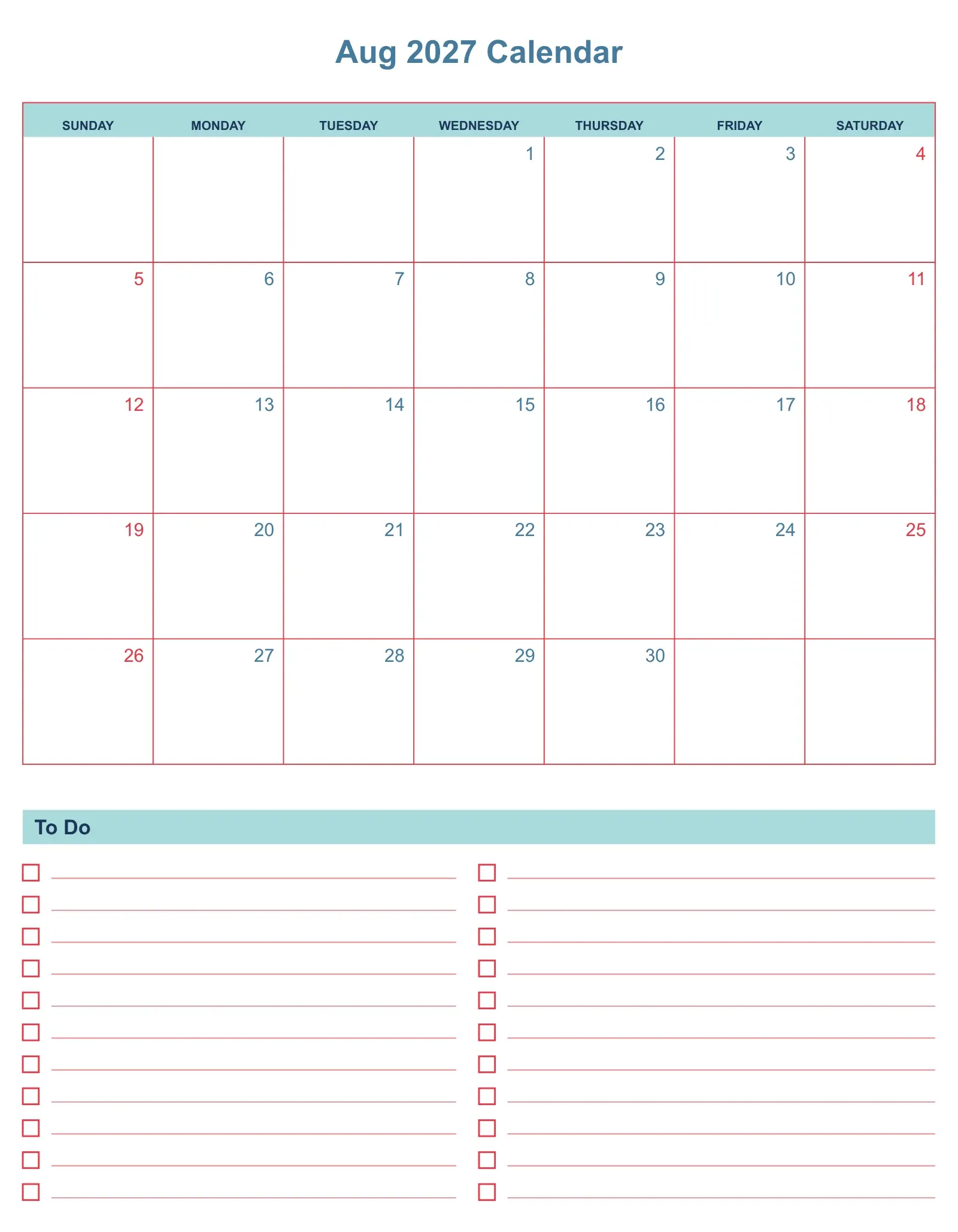 Aug 2027 Calendar With To Do List Bottom Portrait Aug 2027 Calendar With To Do List Bottom Portrait