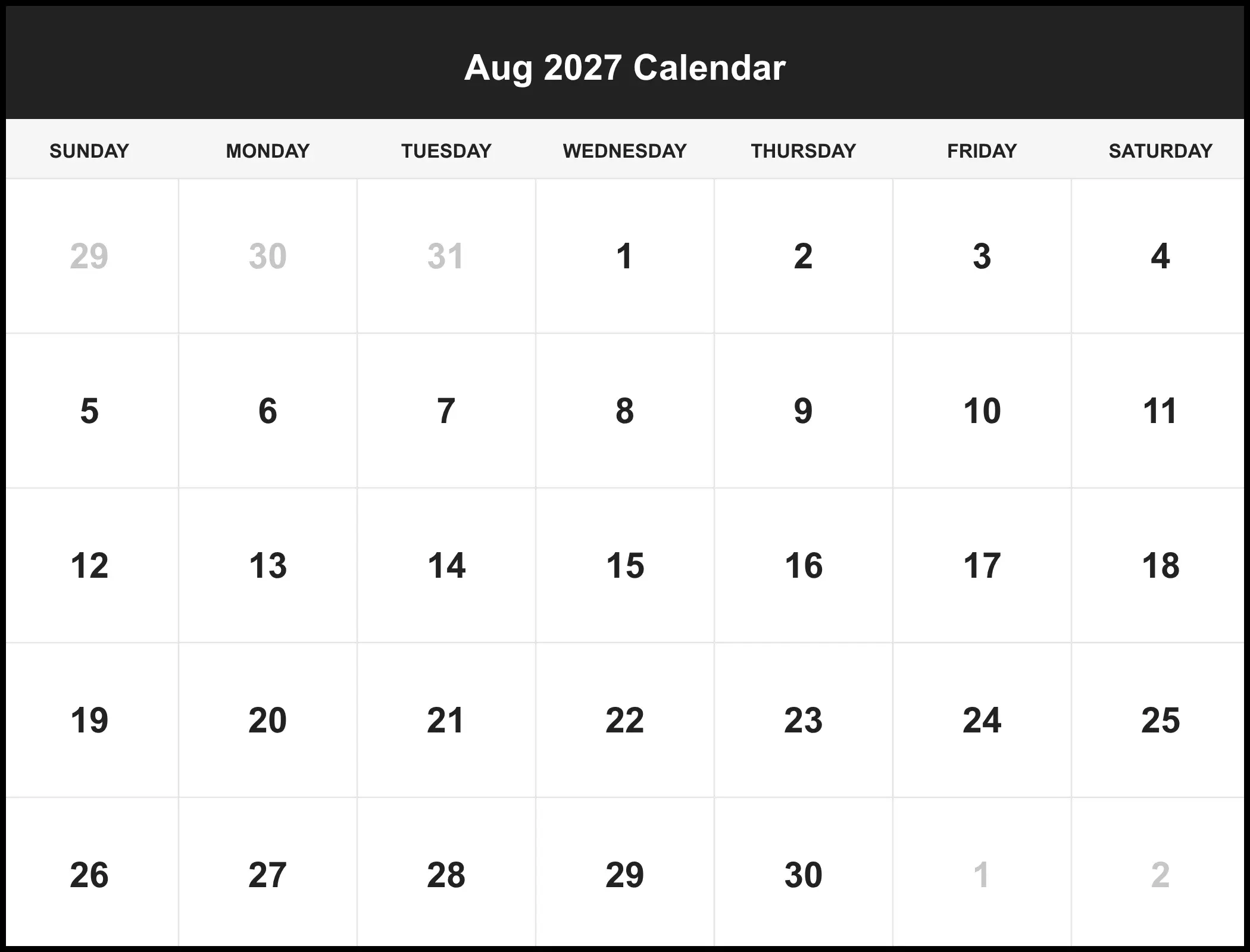 Aug 2027 Calendar