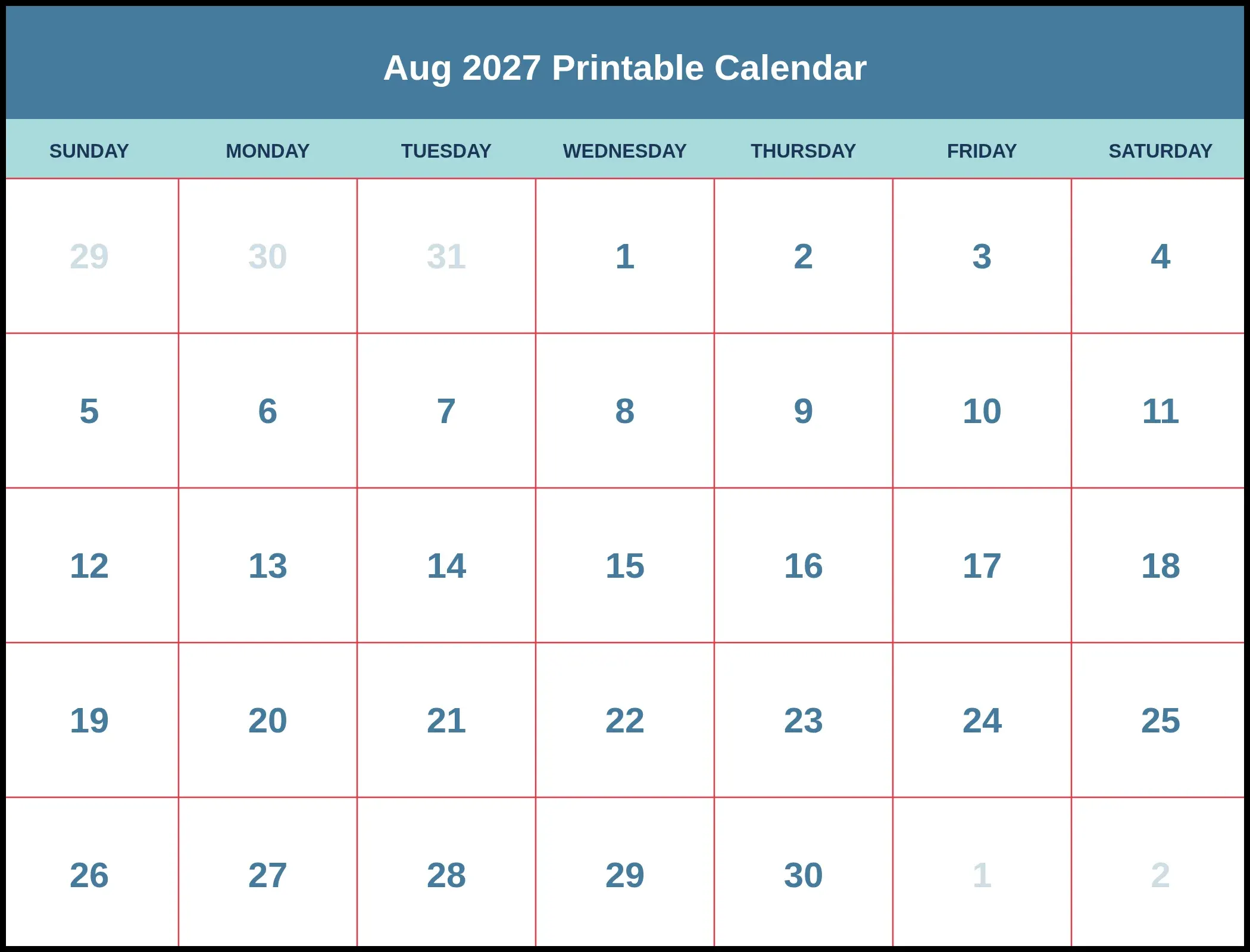 Aug 2027 Printable Calendar