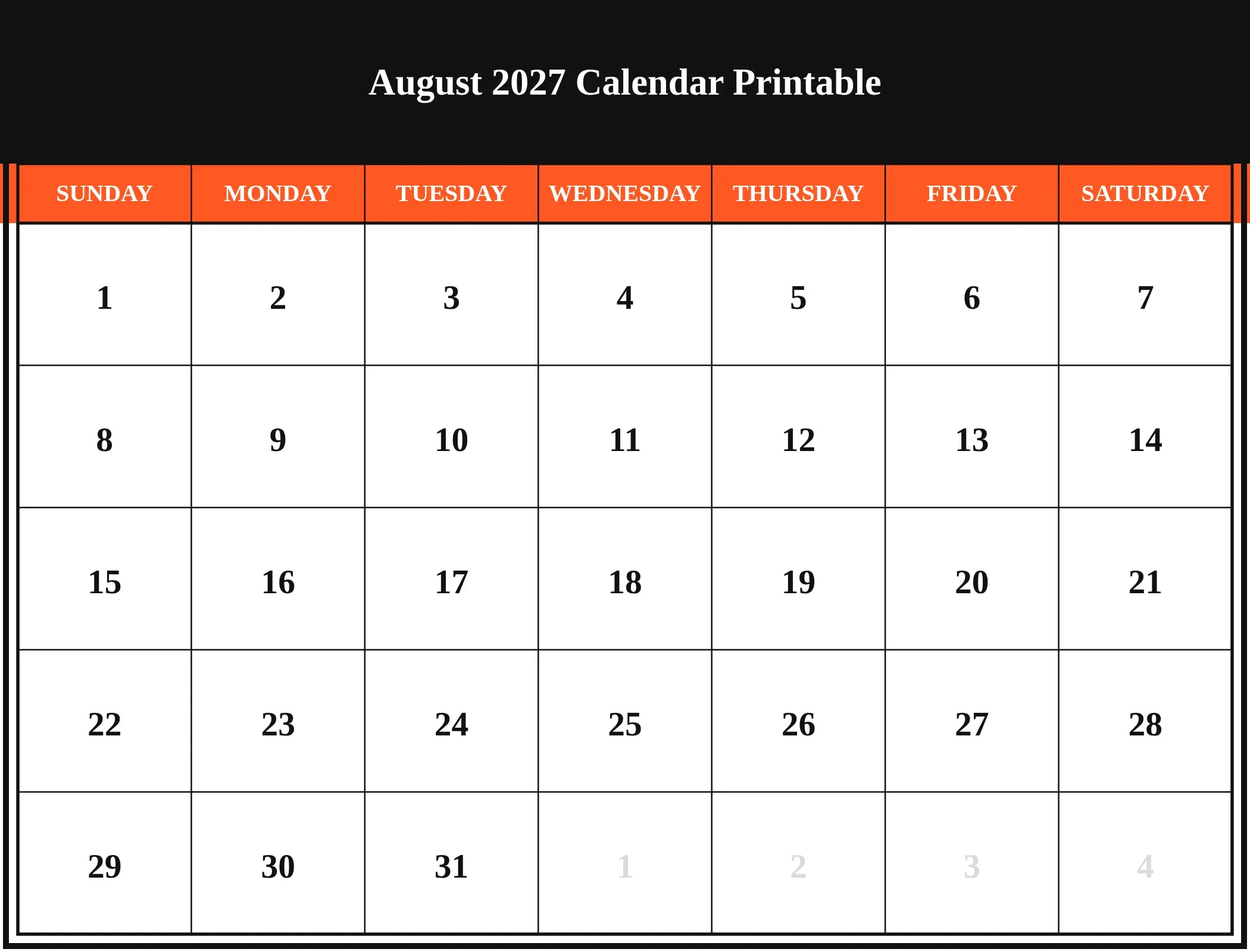 August 2027 Calendar Printable Download Landscape August 2027 Calendar Printable Download Landscape