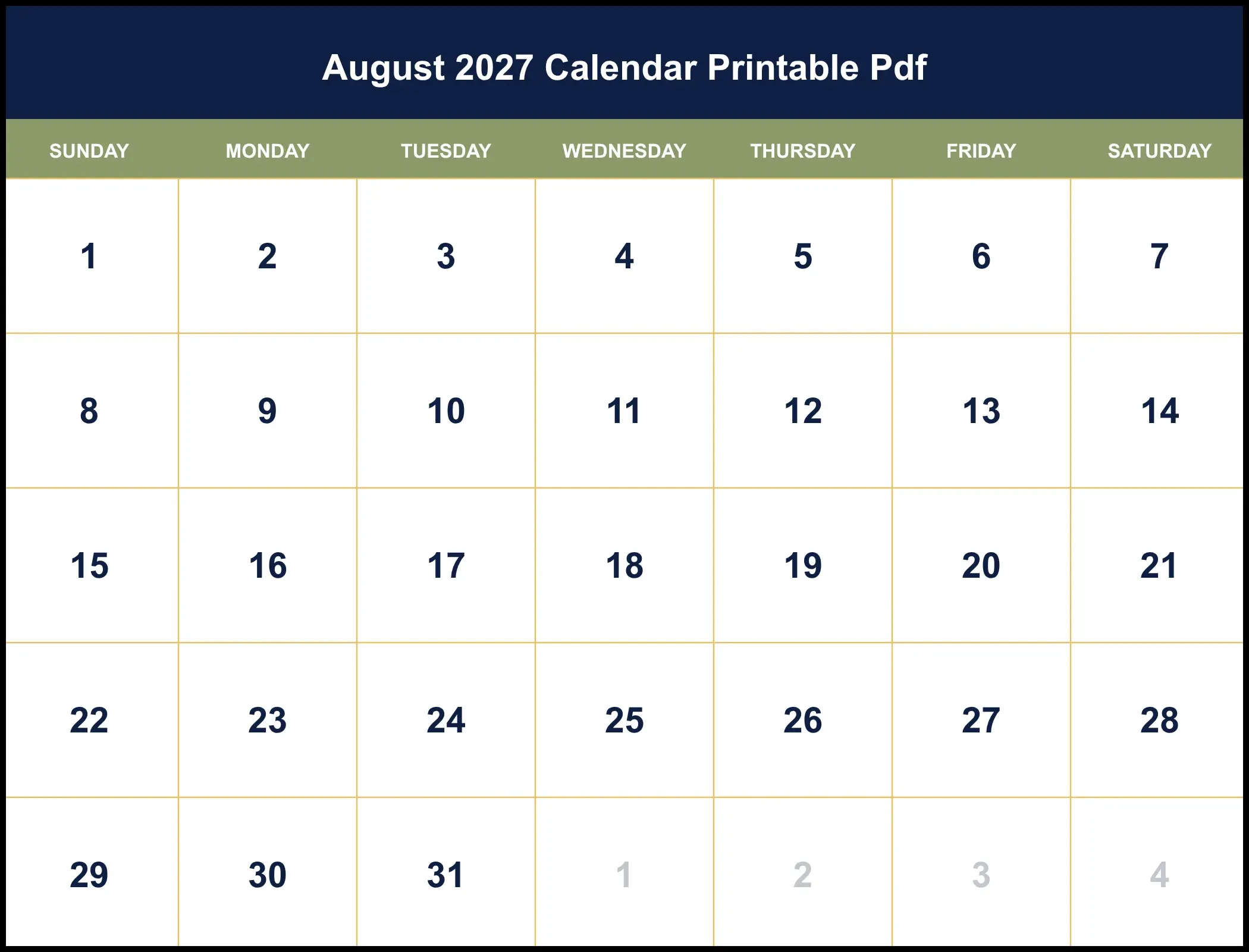 August 2027 Calendar Printable Pdf August 2027 Calendar Printable Pdf