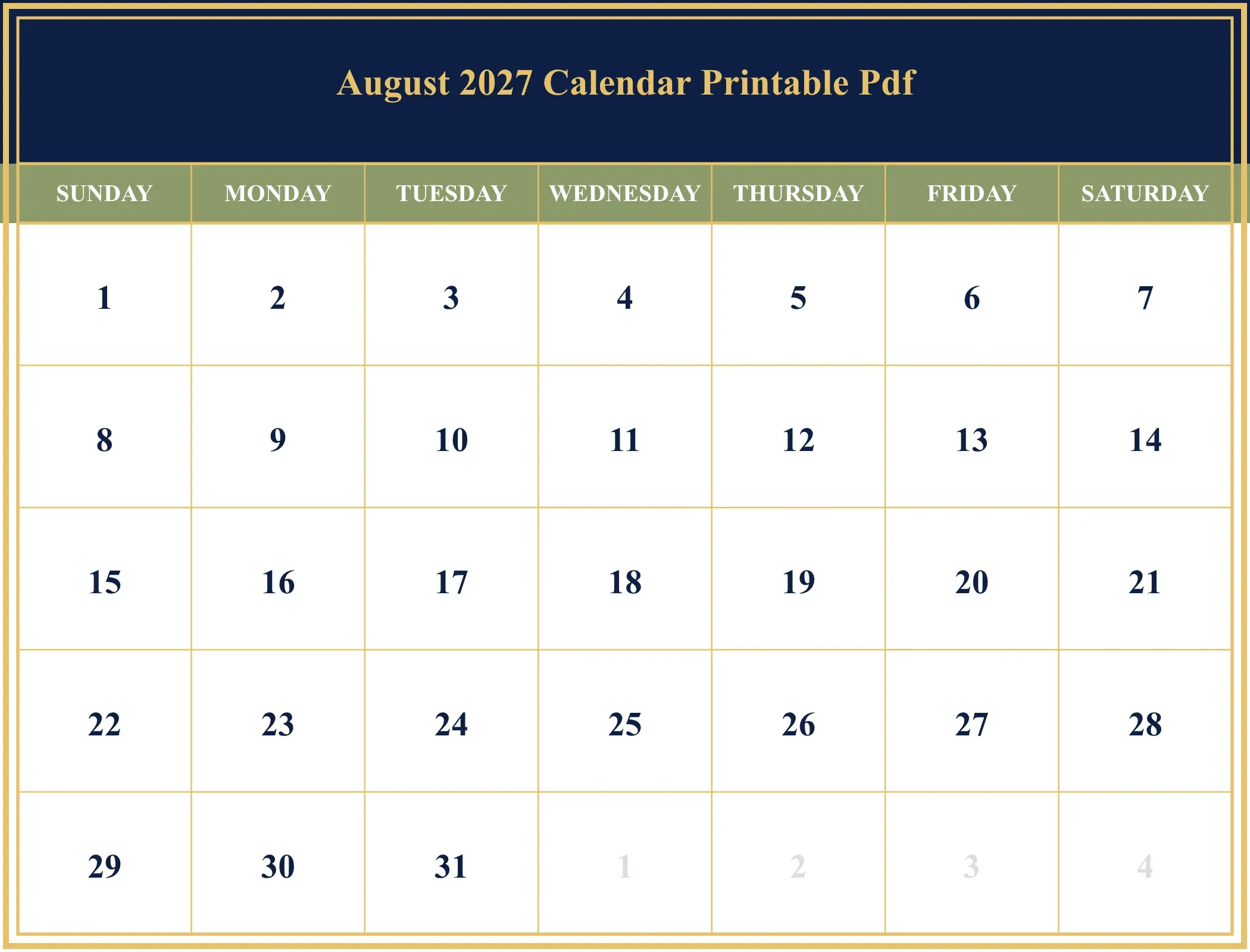 August 2027 Calendar Printable Pdf Download Landscape August 2027 Calendar Printable Pdf Download Landscape