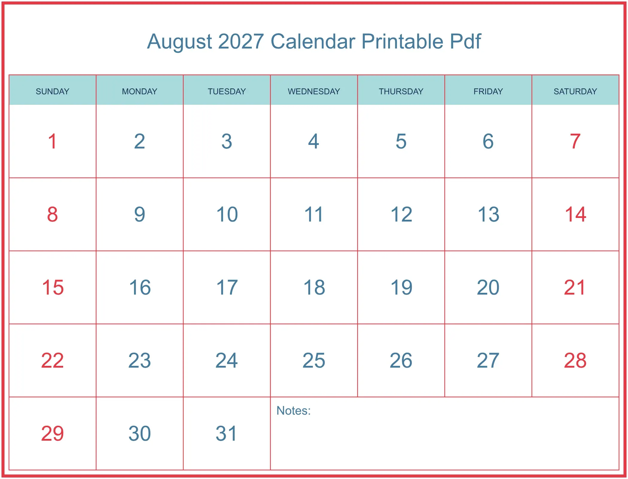 August 2027 Calendar Printable Pdf with Notes Bottom Landscape August 2027 Calendar Printable Pdf with Notes Bottom Landscape