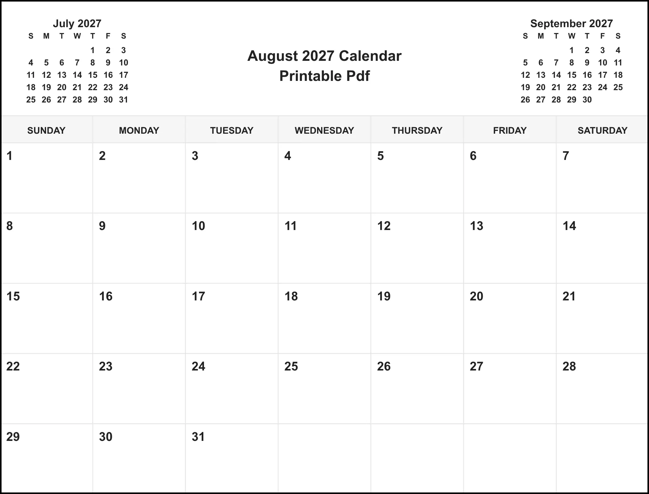 August 2027 Calendar Printable Pdf With Three Month View August 2027 Calendar Printable Pdf With Three Month View