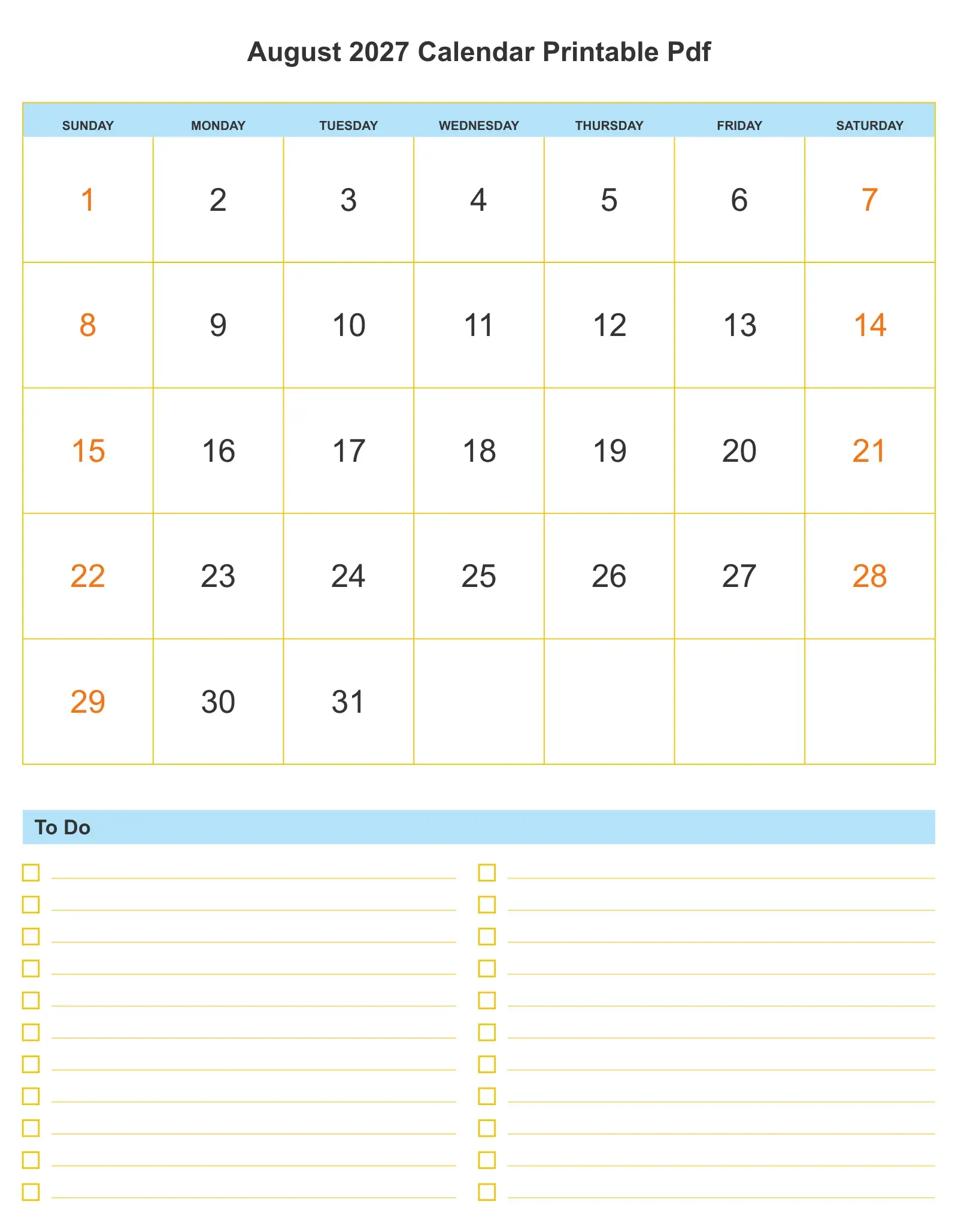 August 2027 Calendar Printable Pdf With To Do List Bottom Portrait