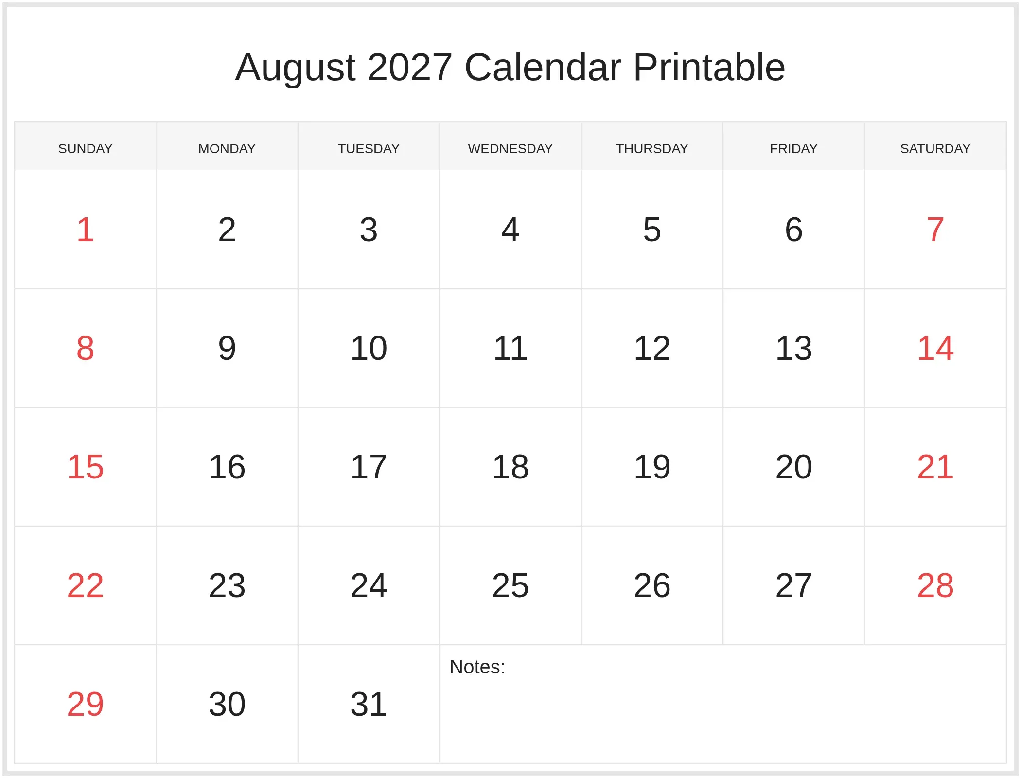 August 2027 Calendar Printable with Notes Bottom Landscape August 2027 Calendar Printable with Notes Bottom Landscape
