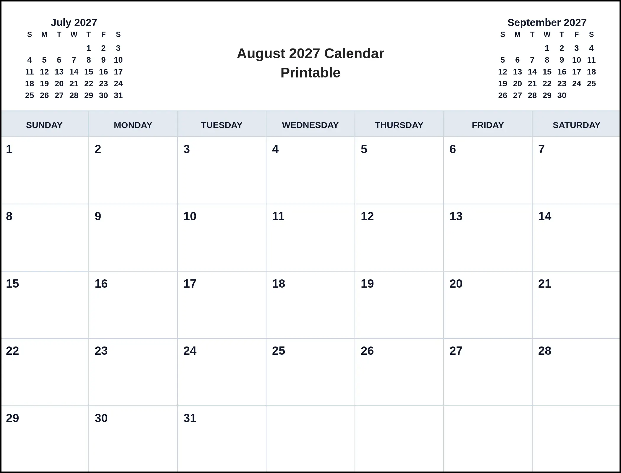 August 2027 Calendar Printable With Three Month View August 2027 Calendar Printable With Three Month View