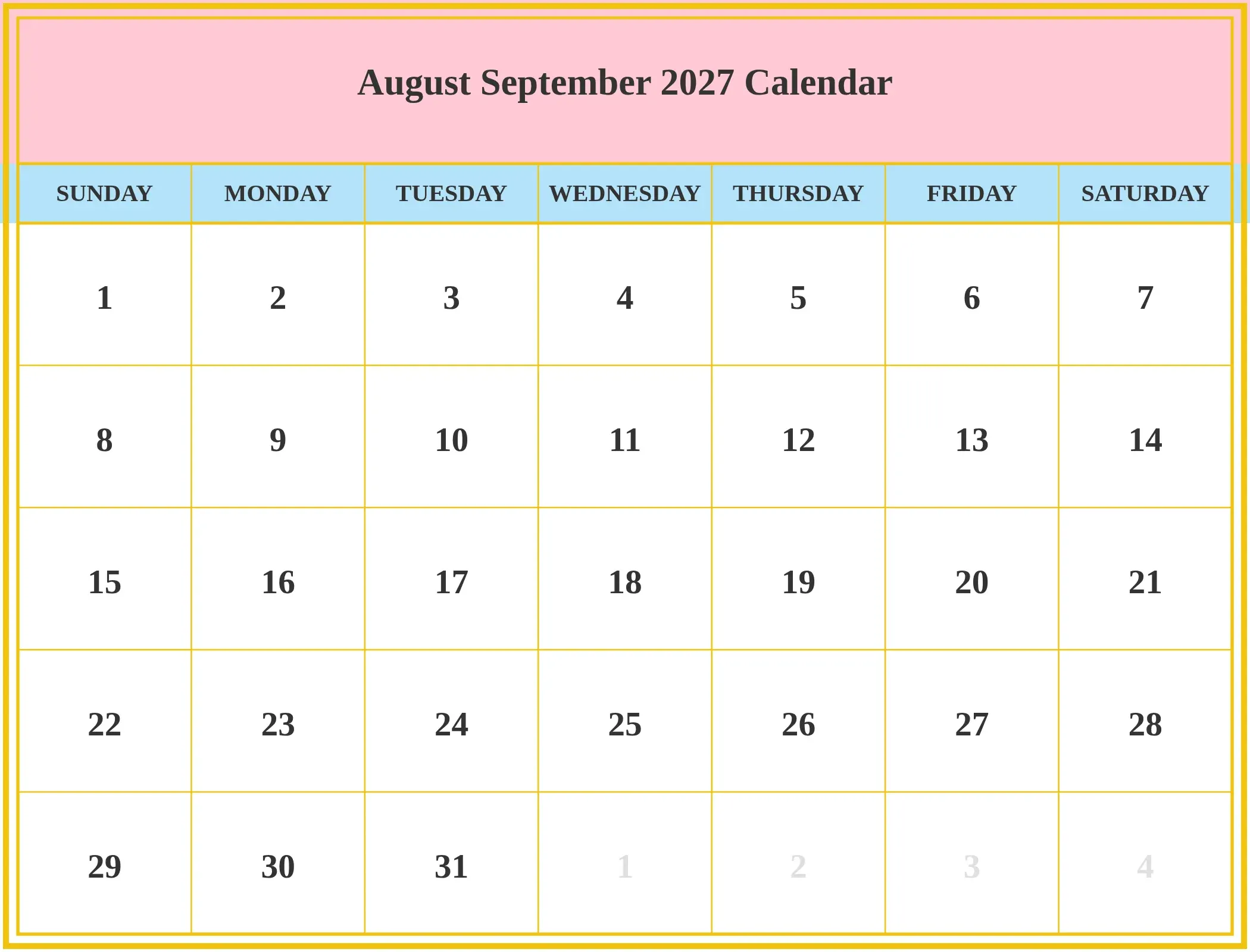 August September 2027 Calendar Download Landscape August September 2027 Calendar Download Landscape
