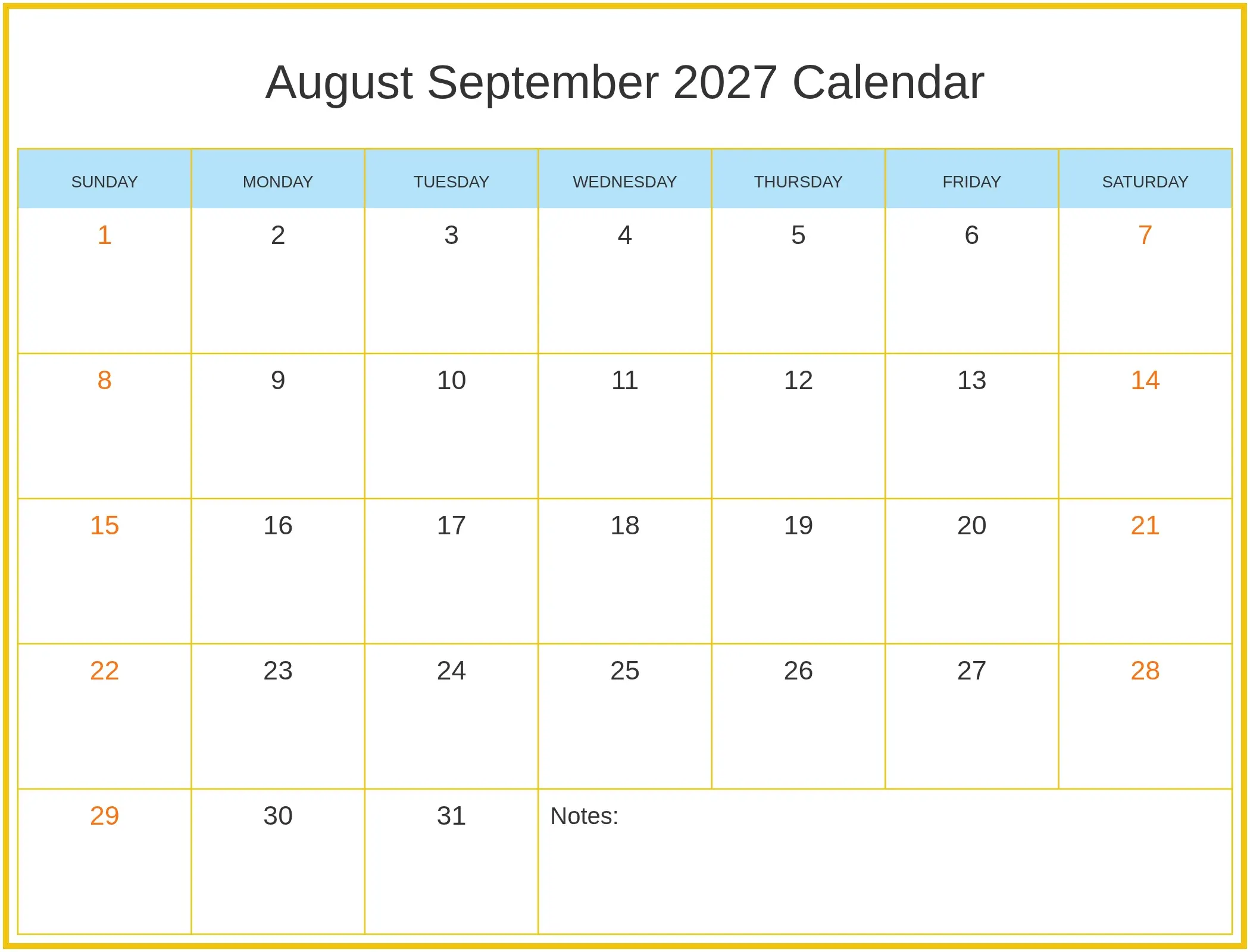 August September 2027 Calendar with Notes Bottom Landscape