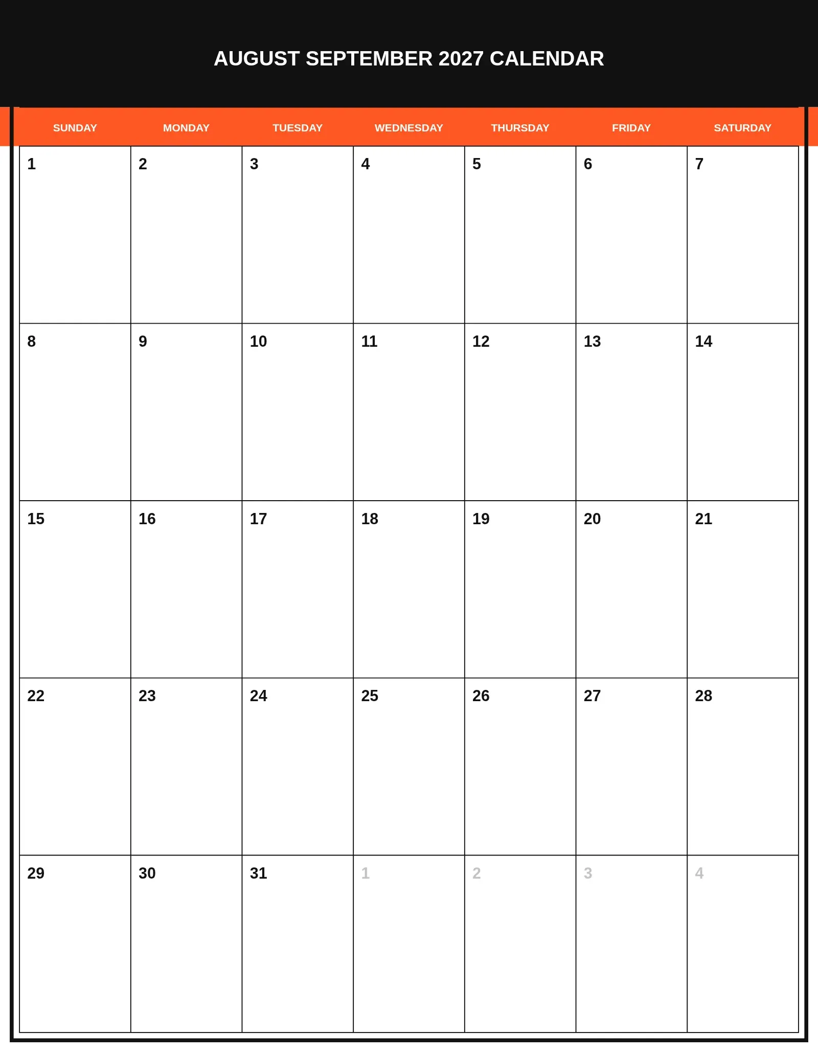 August September 2027 Calendar With Portrait Template
