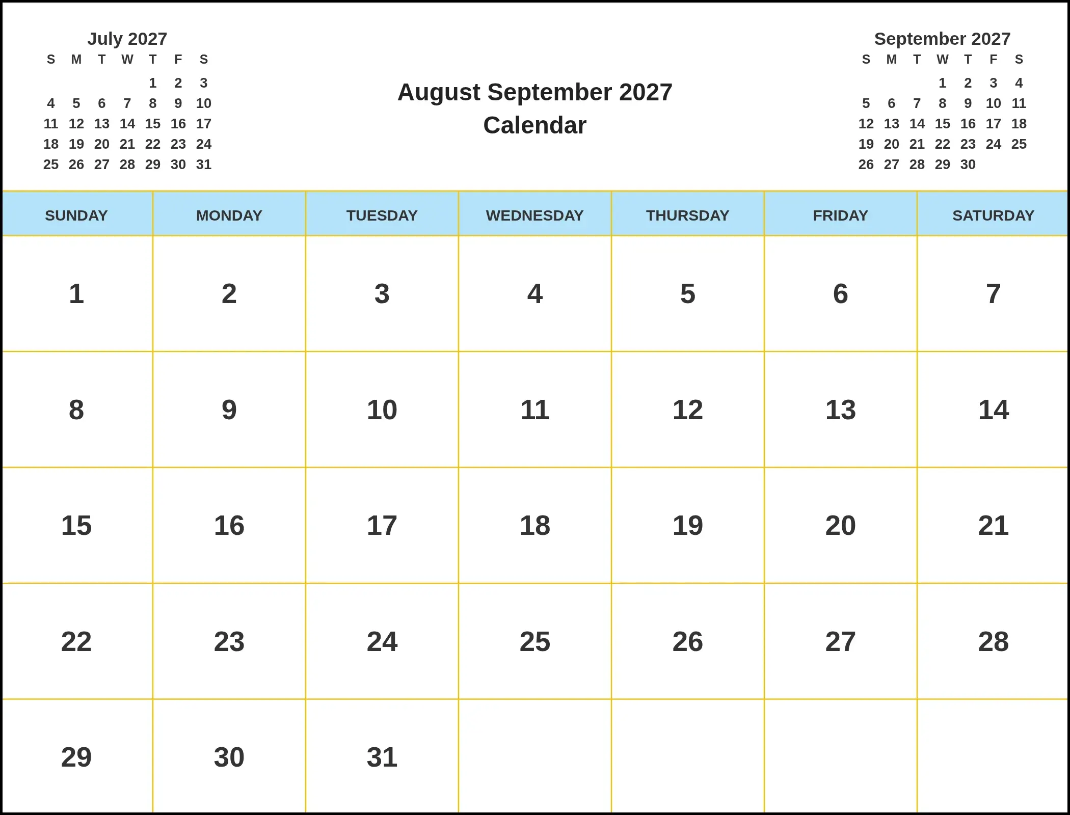 August September 2027 Calendar With Three Month View August September 2027 Calendar With Three Month View