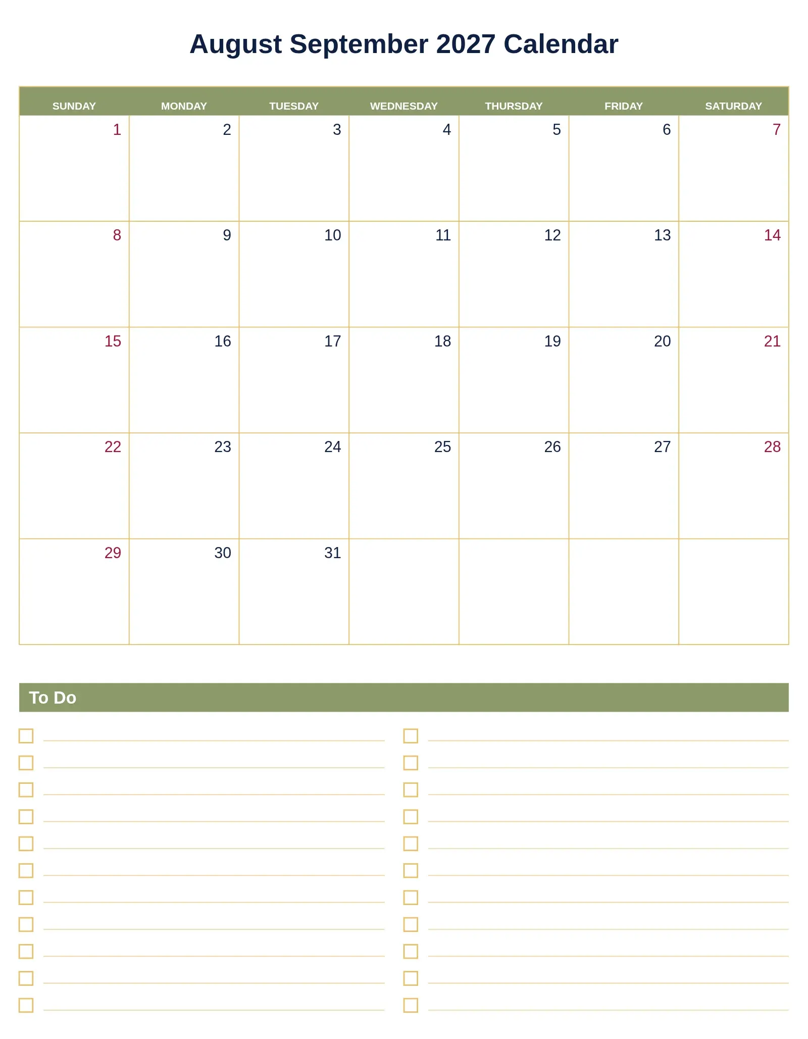August September 2027 Calendar With To Do List Bottom Portrait August September 2027 Calendar With To Do List Bottom Portrait