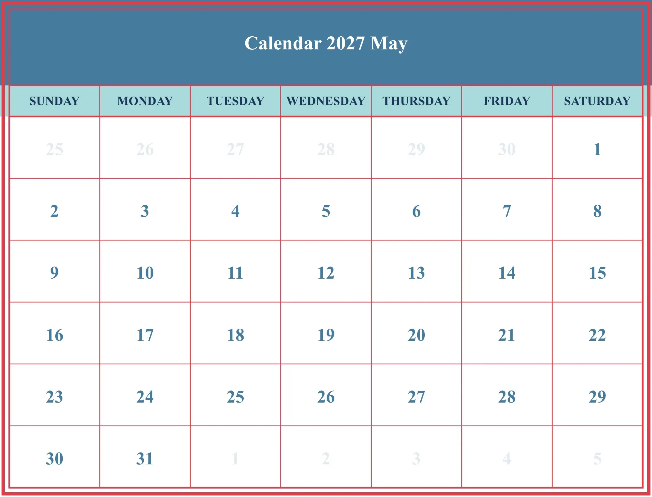 Calendar 2027 May Download Landscape