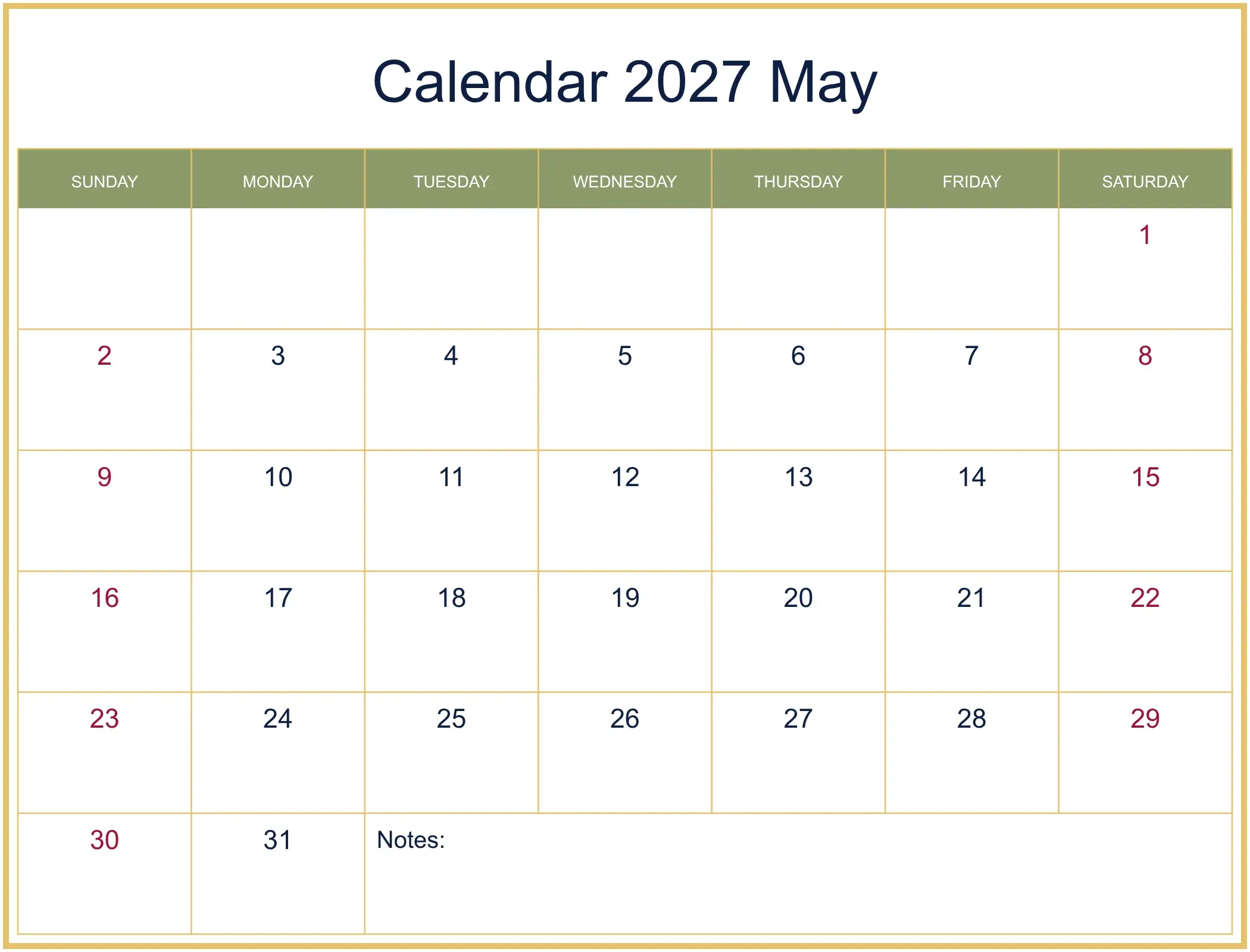 Calendar 2027 May with Notes Bottom Landscape Calendar 2027 May with Notes Bottom Landscape