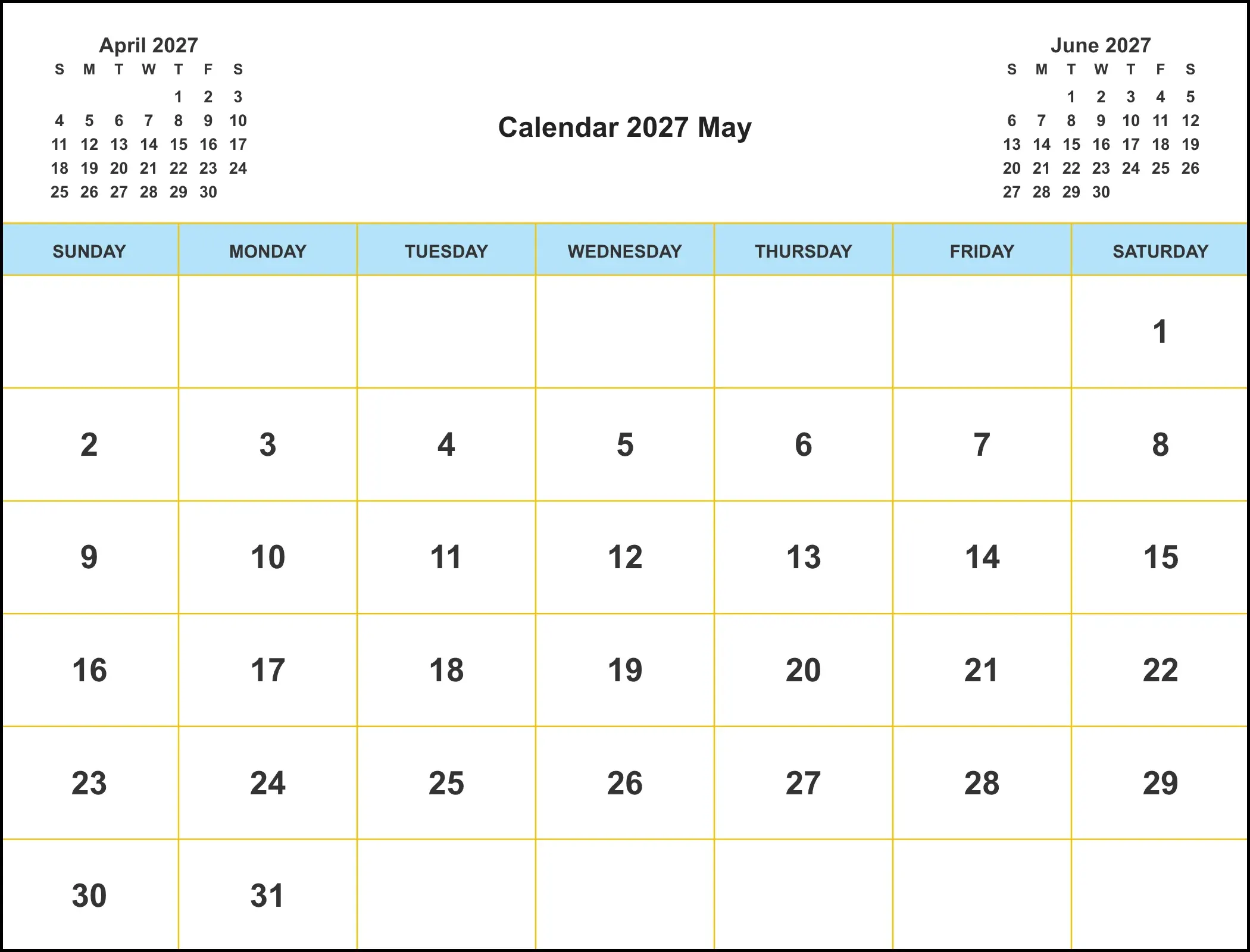 Calendar 2027 May With Three Month View