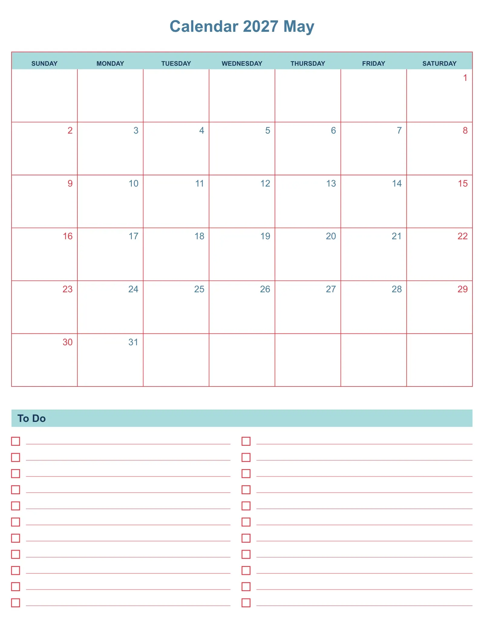 Calendar 2027 May With To Do List Bottom Portrait Calendar 2027 May With To Do List Bottom Portrait