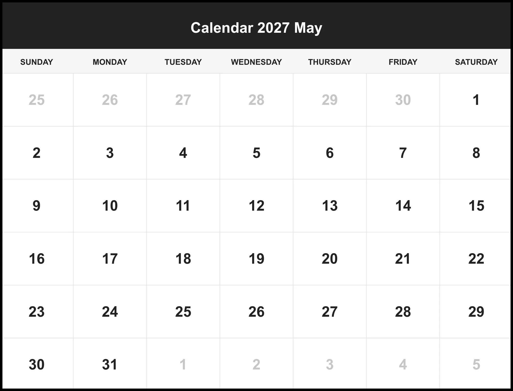 Calendar 2027 May