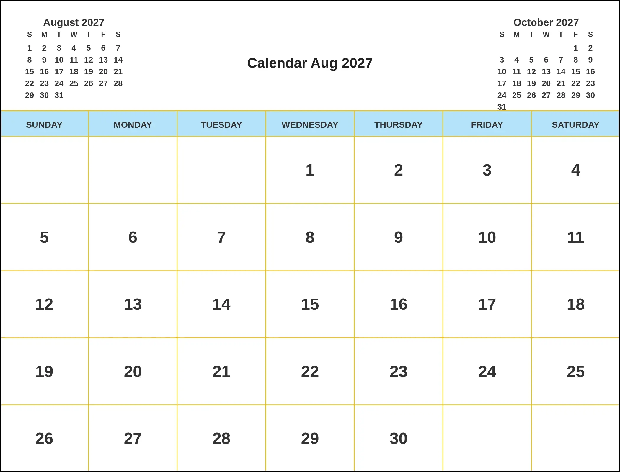 Calendar Aug 2027 With Three Month View