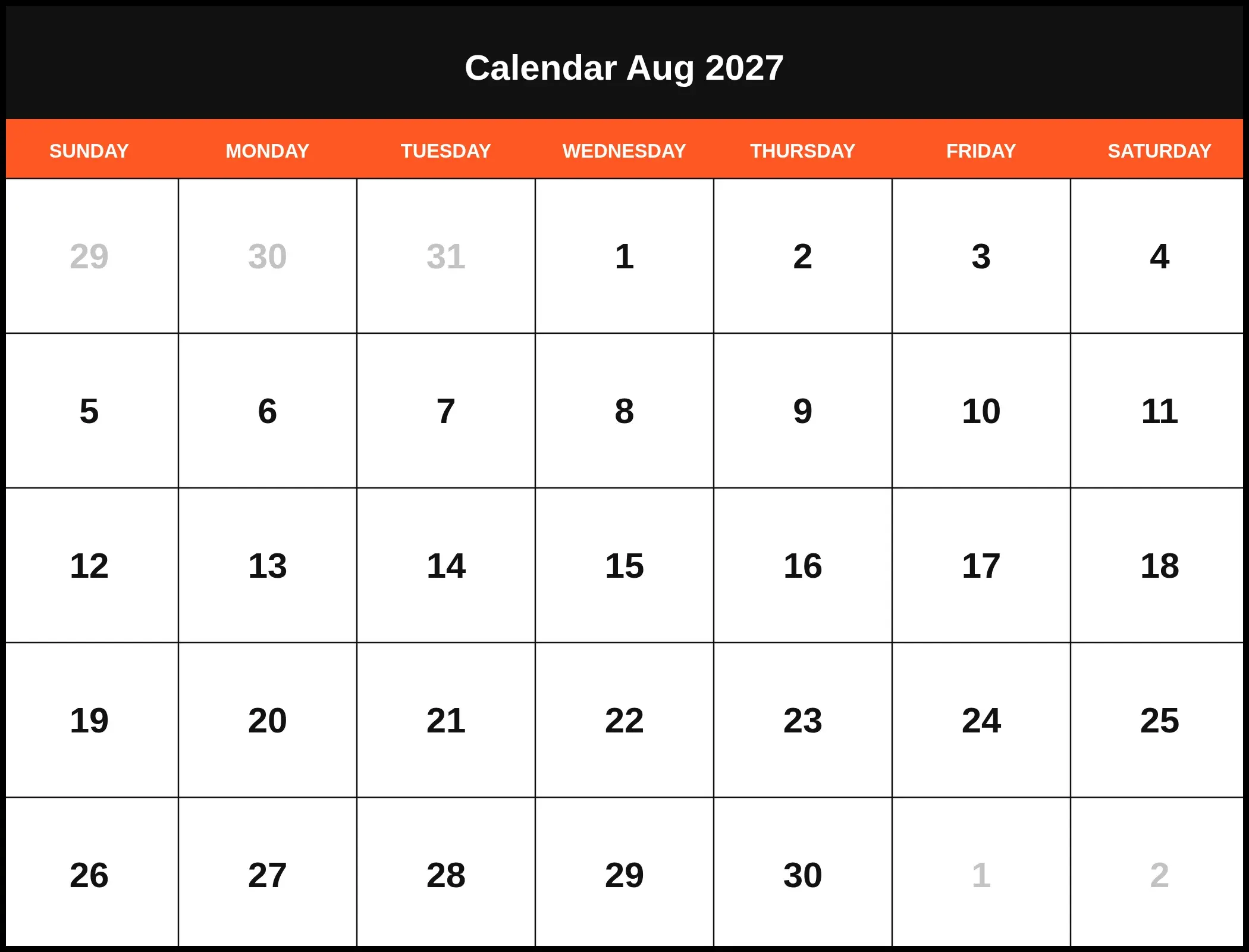 Calendar Aug 2027 Calendar Aug 2027