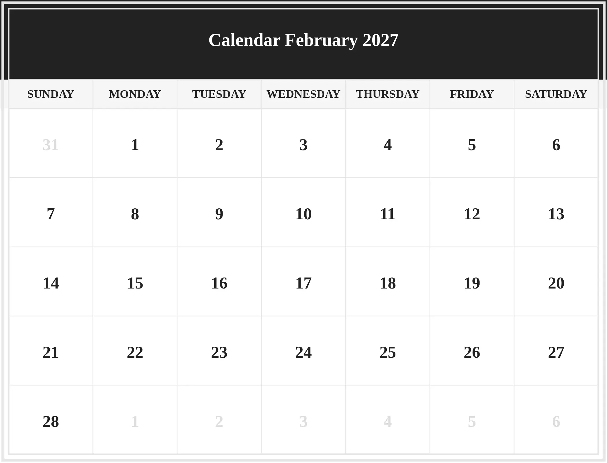 Calendar February 2027 Download Landscape Calendar February 2027 Download Landscape